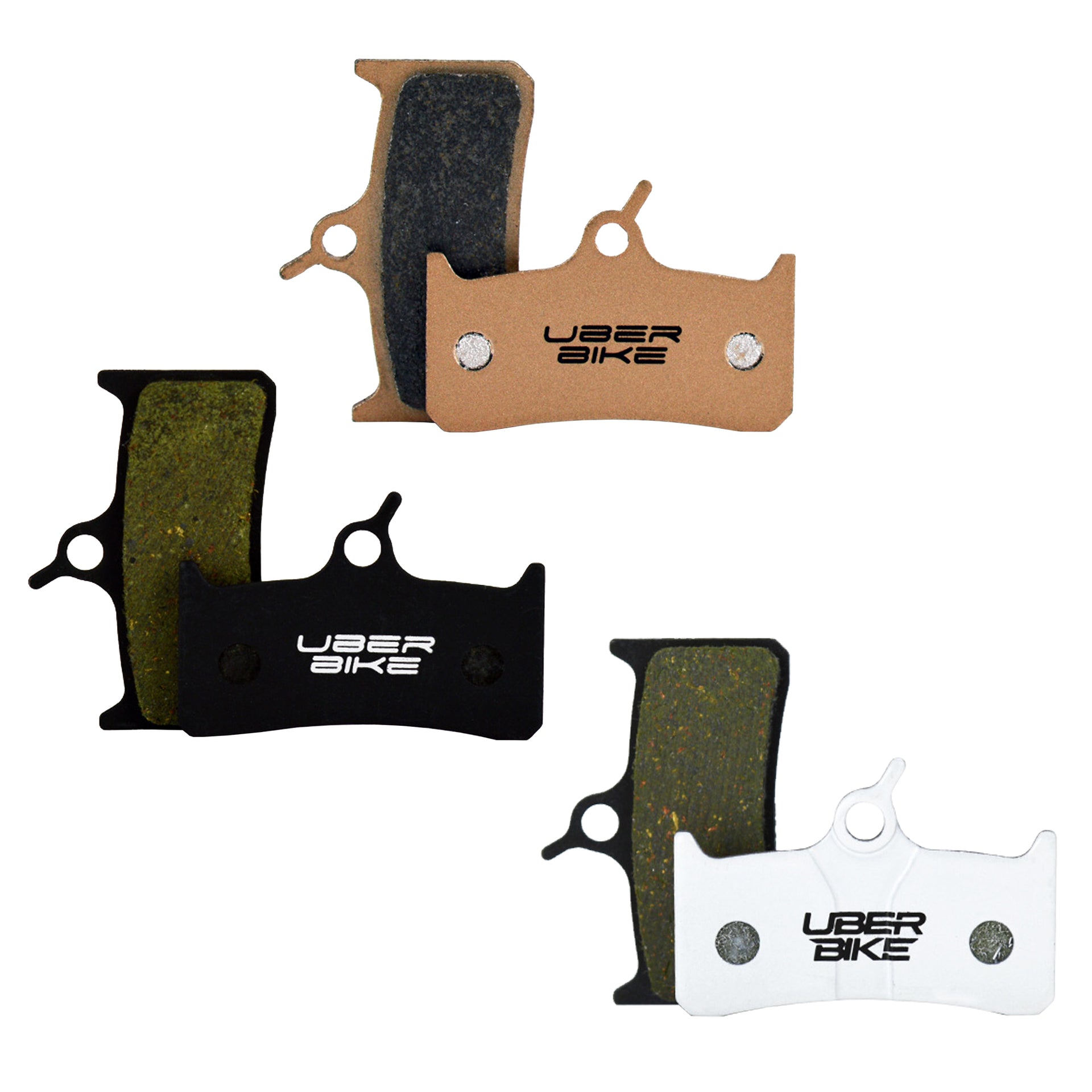 3 sets of Uberbike brake pads on a white background.