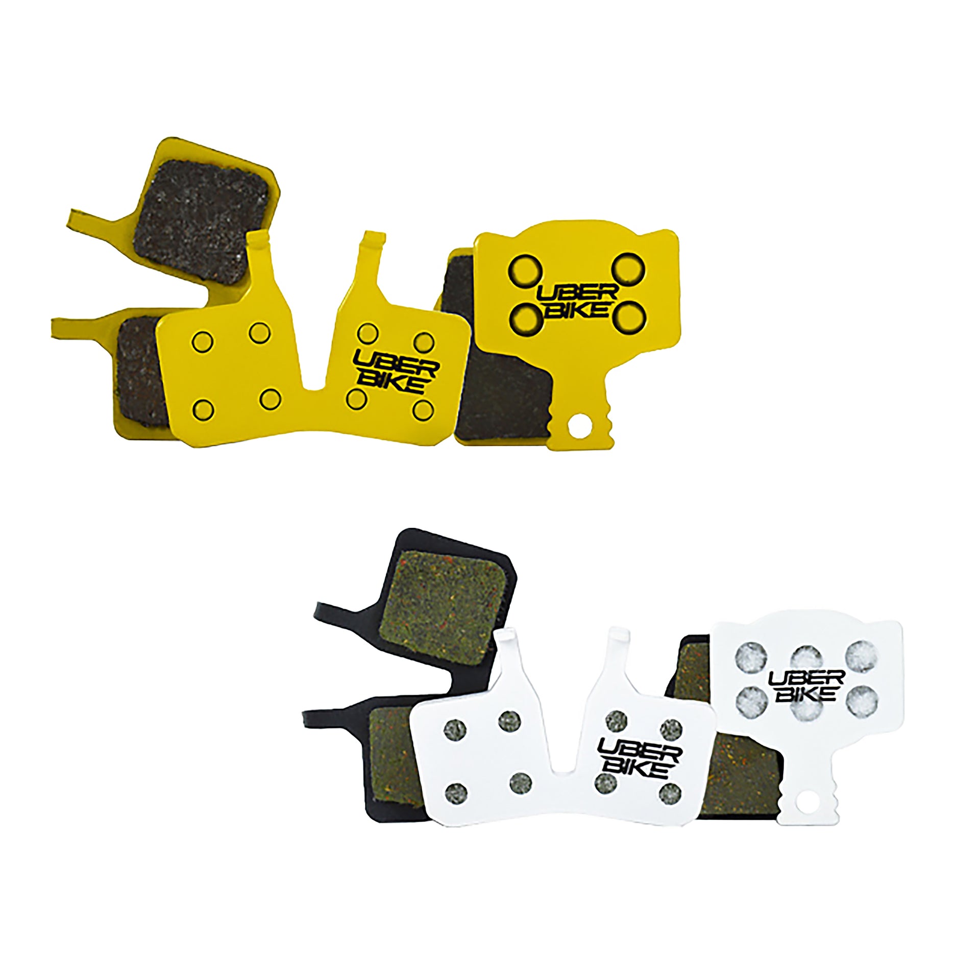 Sets of yellow, black, and white brake pads with Uberbike branding on a white background.
