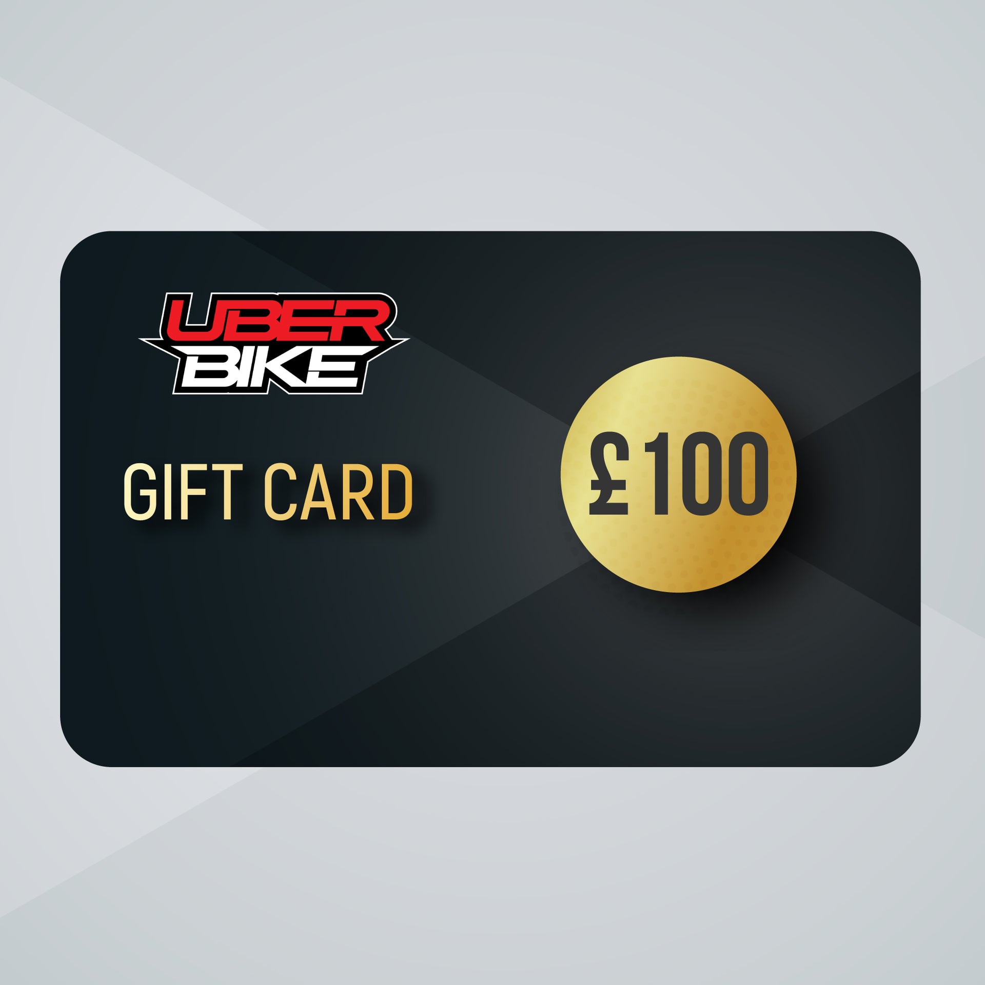 Gift card with Uberbike logo and £100 denomination on a black background.