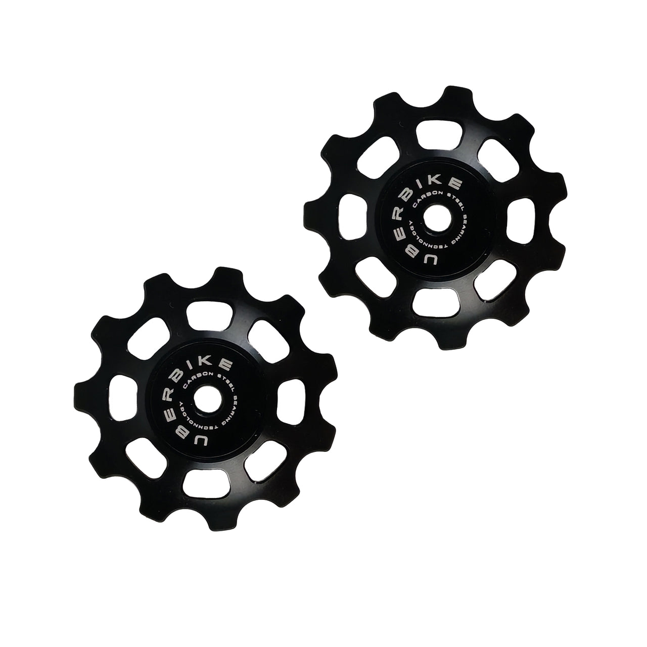 two black steel 11 tooth jockey wheels on a white background