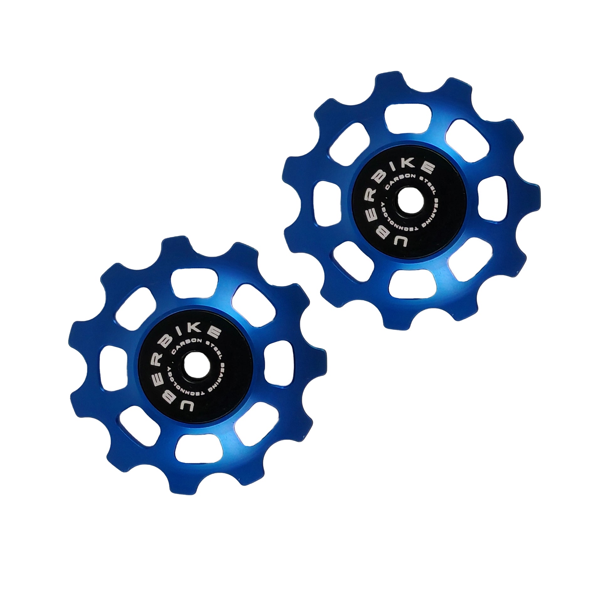 two blue steel 11 tooth jockey wheels on a white background