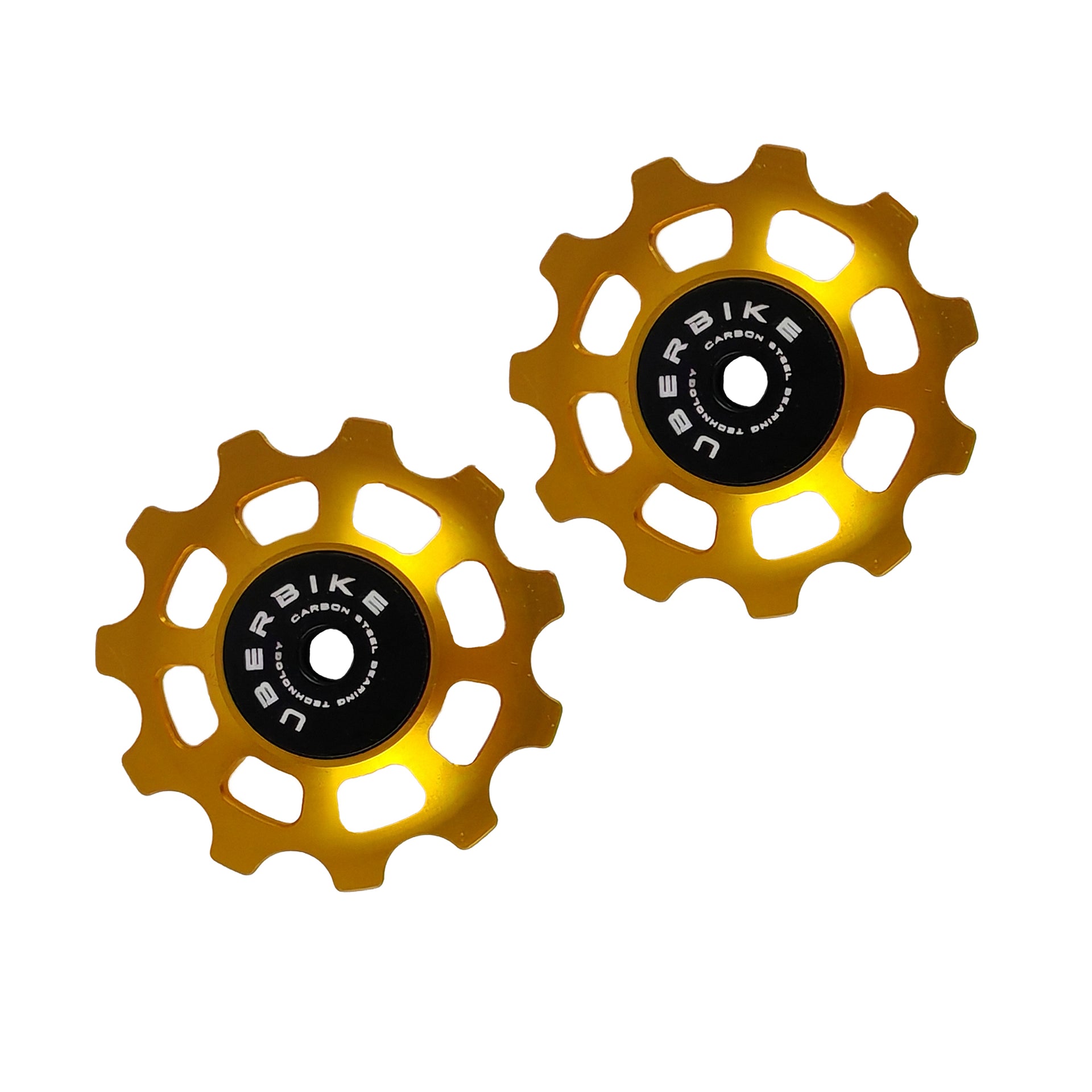 two gold steel 11 tooth jockey wheels on a white background