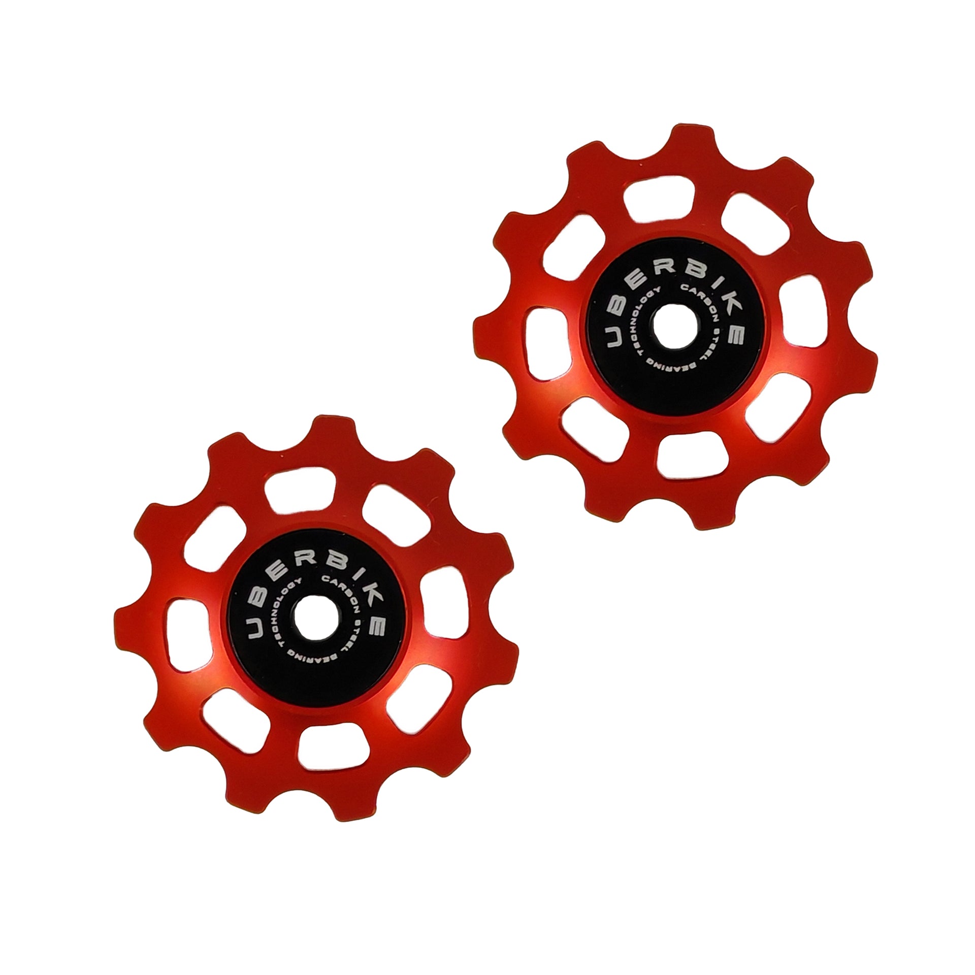 two orange steel 11 tooth jockey wheels on a white background