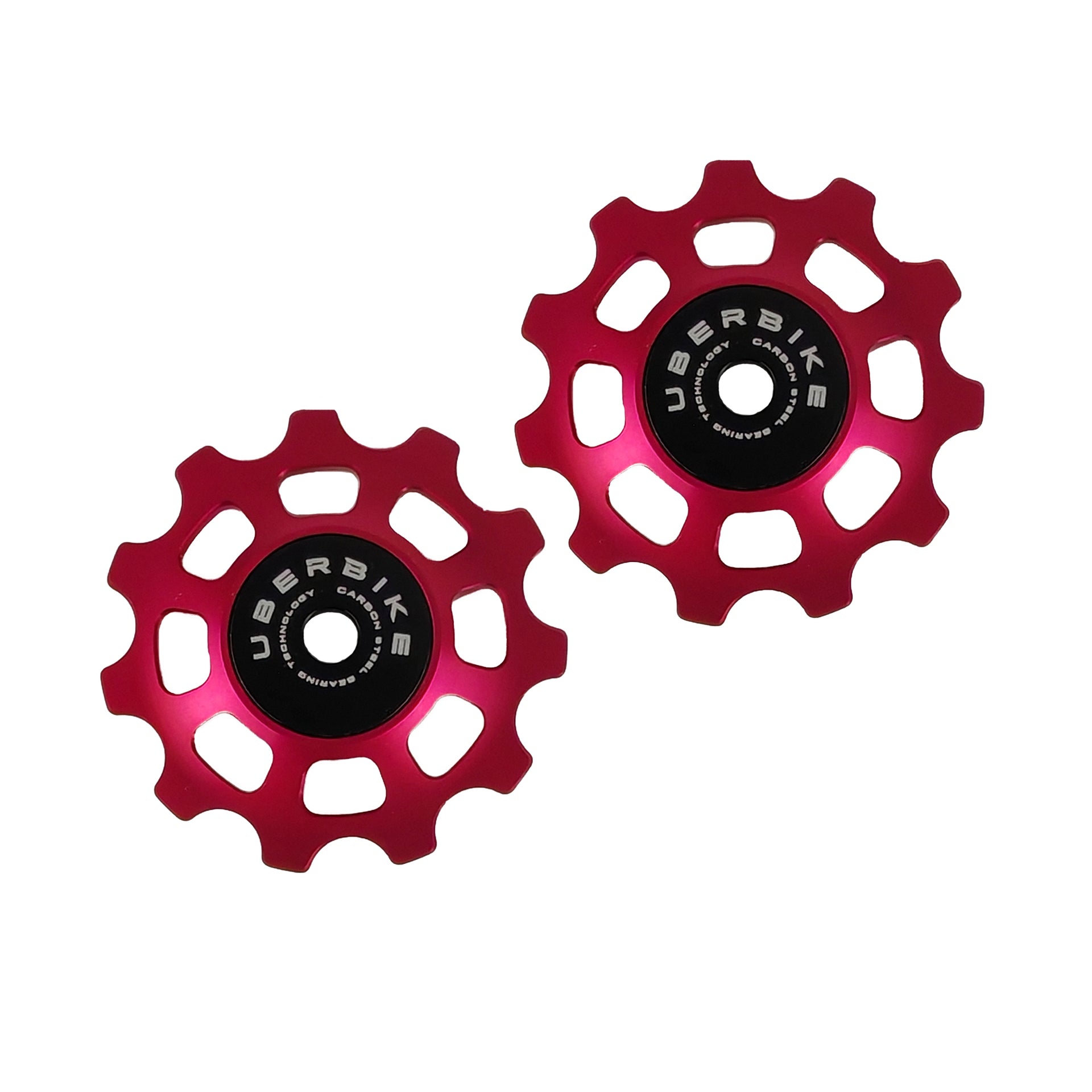 two red steel 11 tooth jockey wheels on a white background