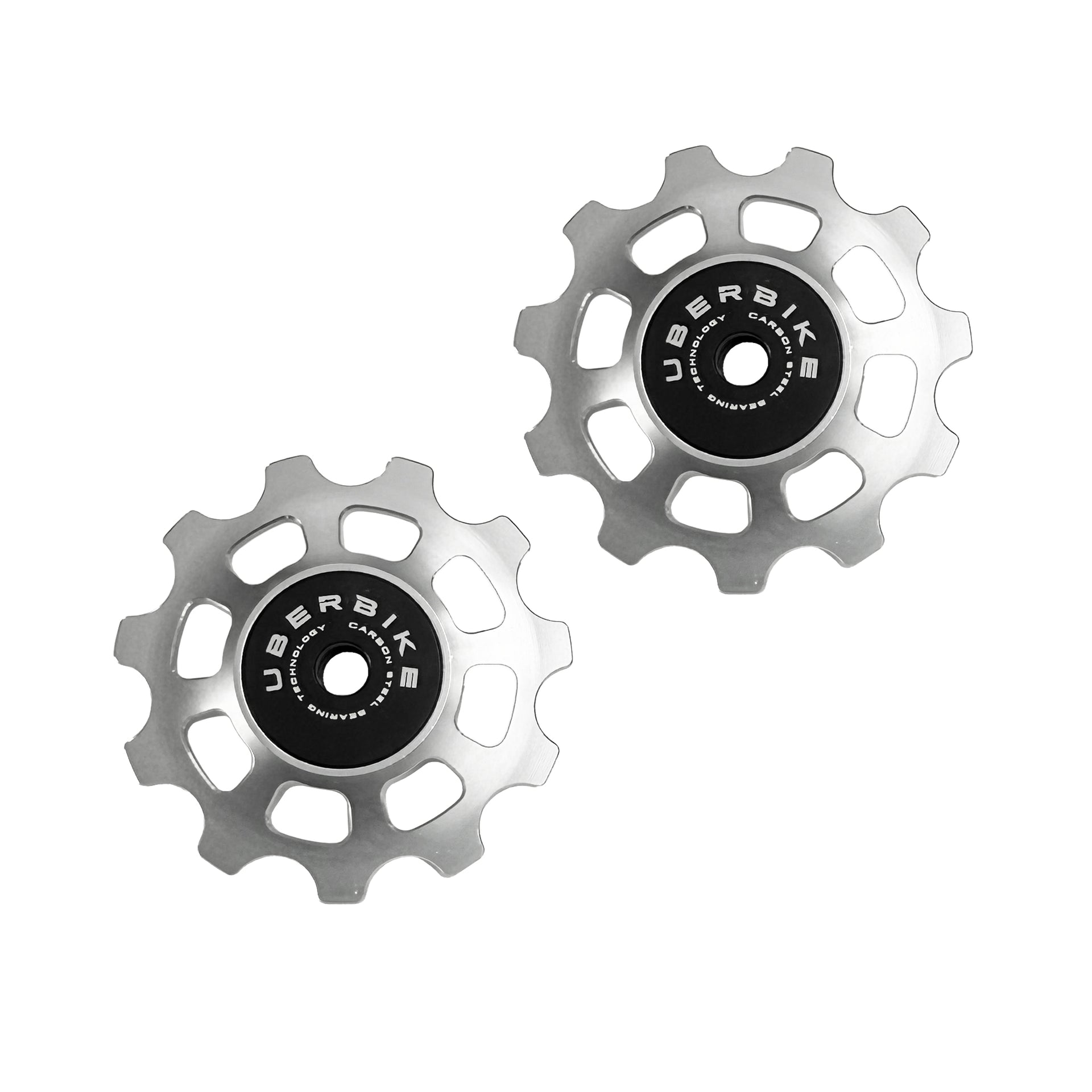 two silver steel 11 tooth jockey wheels on a white background