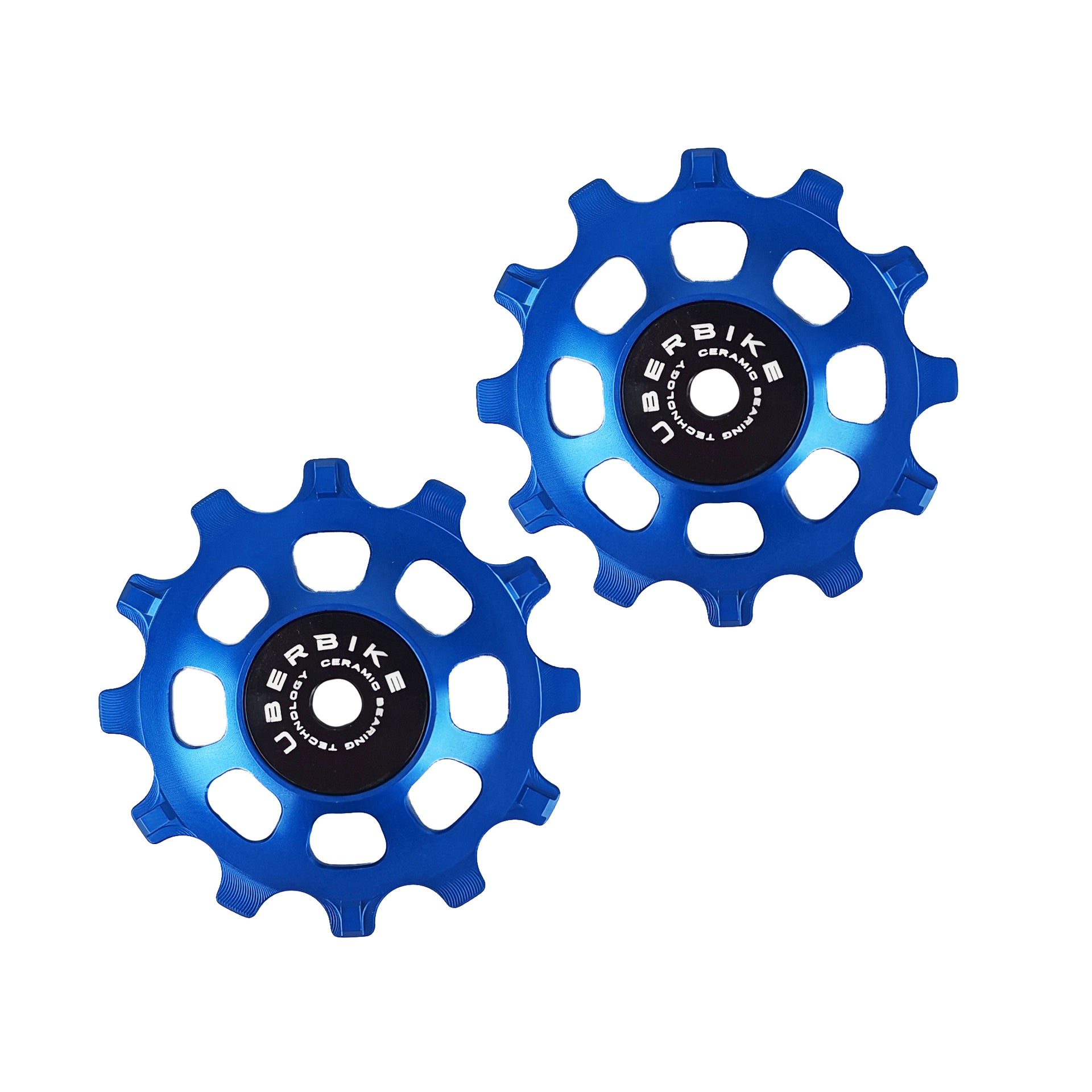 two blue ceramic 12 tooth jockey wheels on a white background