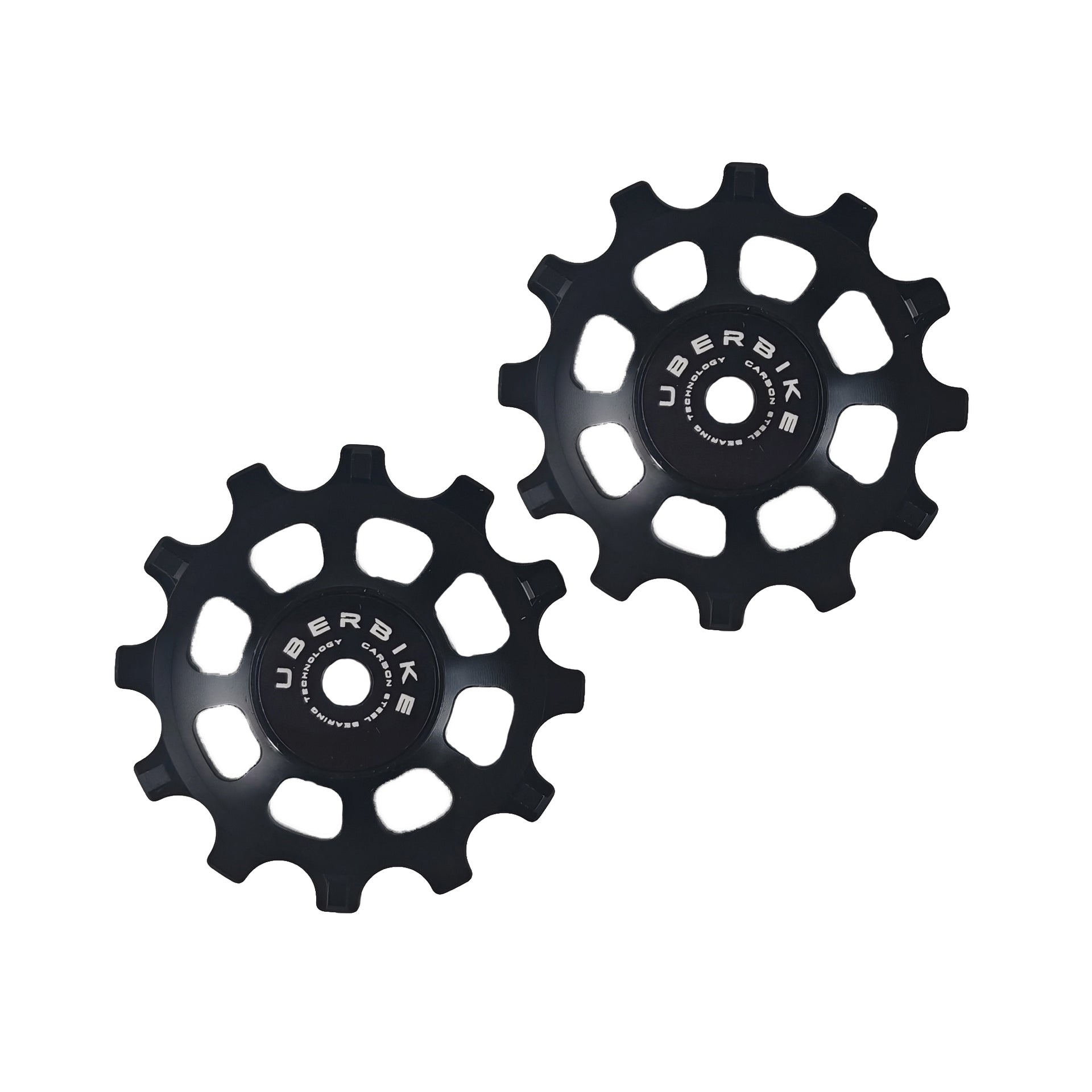 two black steel 12 tooth jockey wheels on a white background