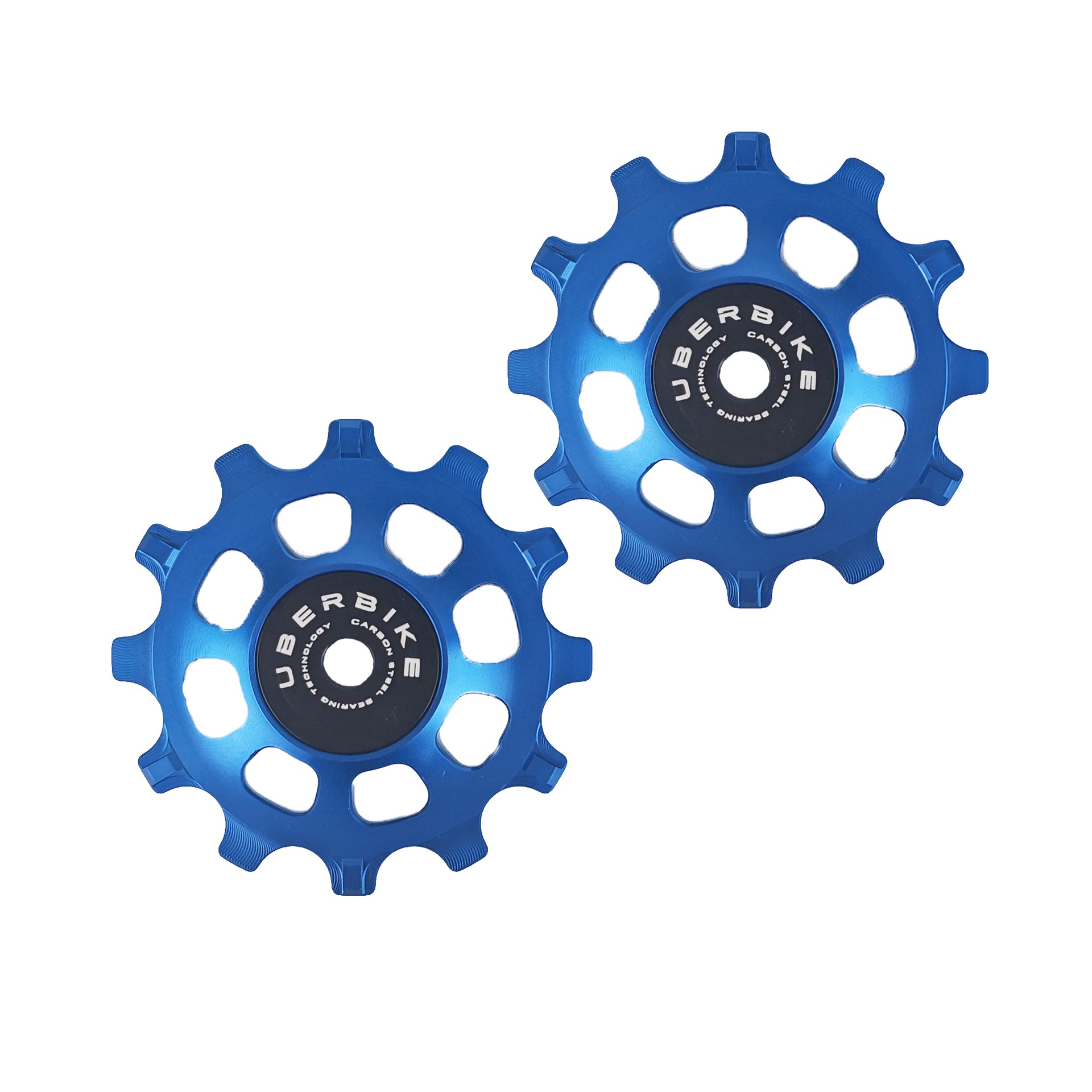 two blue steel 12 tooth jockey wheels on a white background