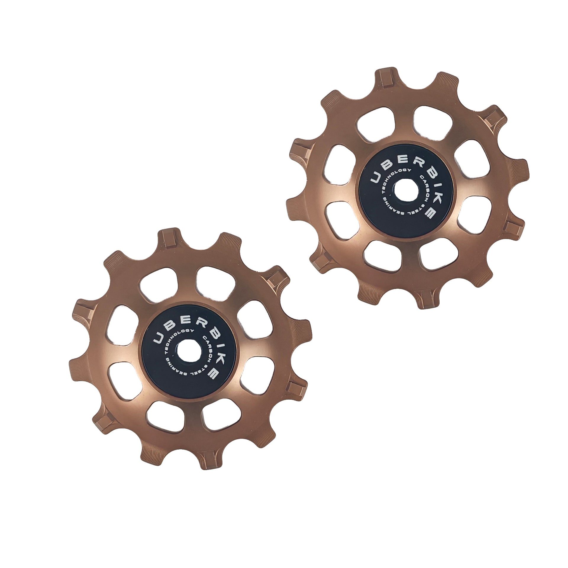 two bronze steel 12 tooth jockey wheels on a white background