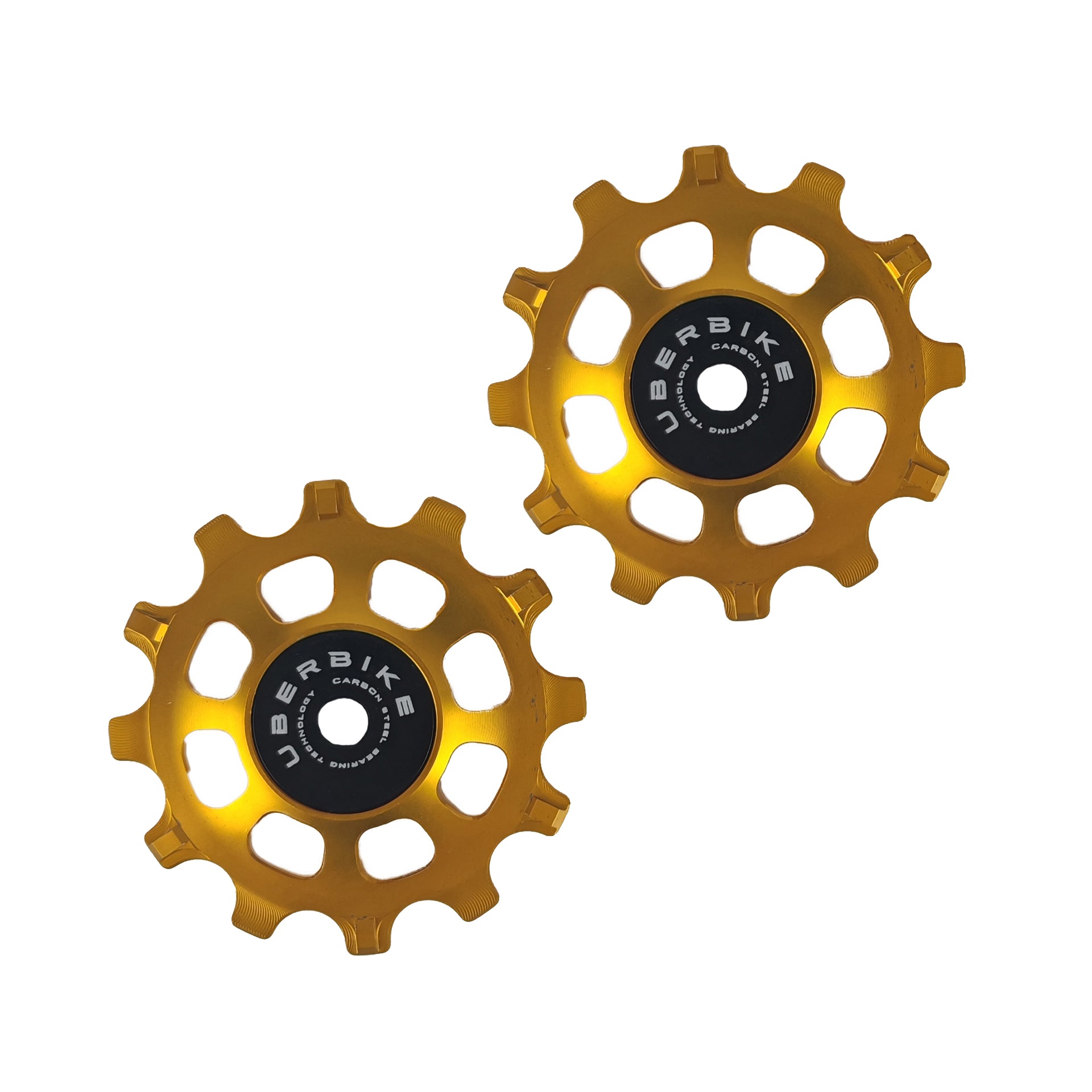 two gold steel 12 tooth jockey wheels on a white background