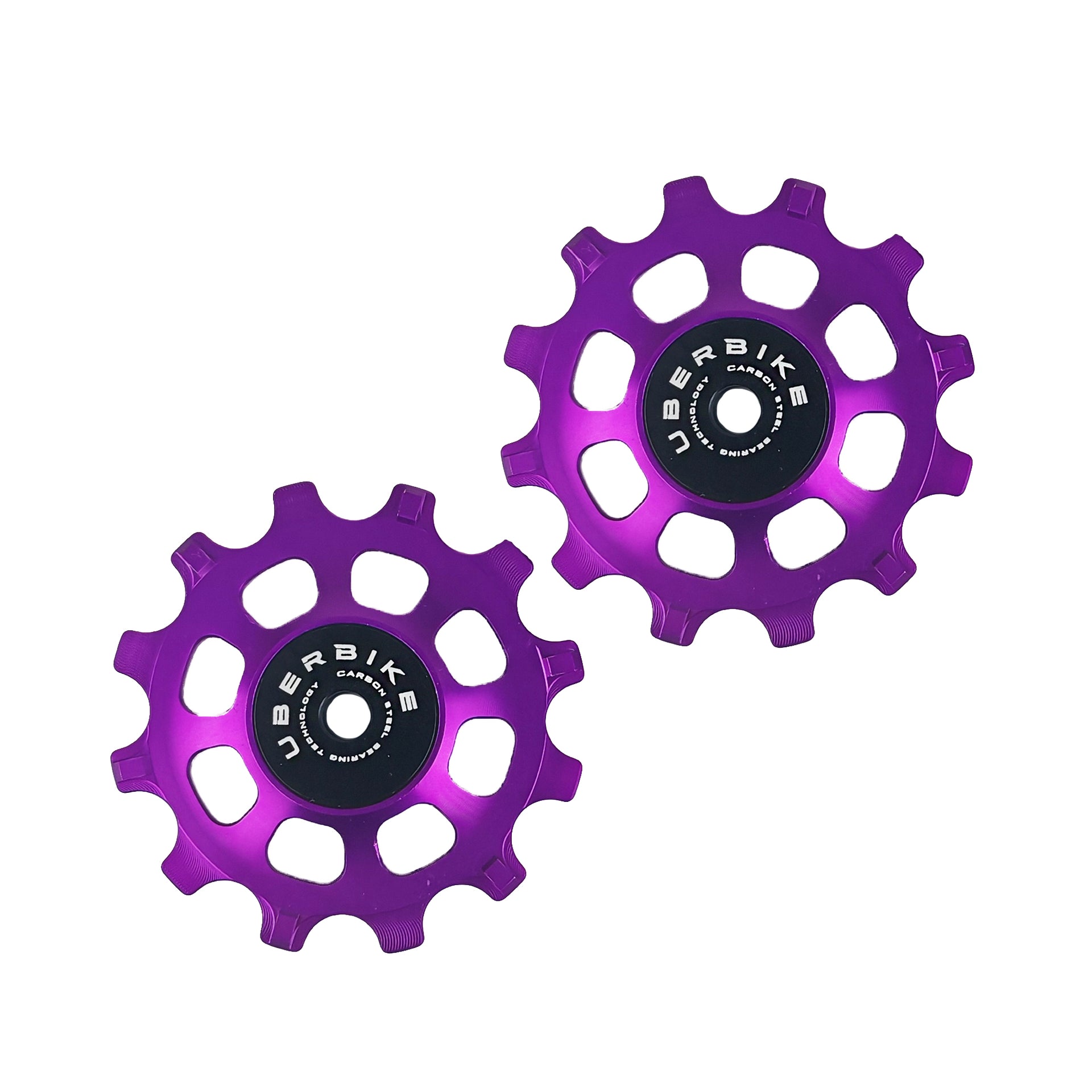 two purple steel 12 tooth jockey wheels on a white background
