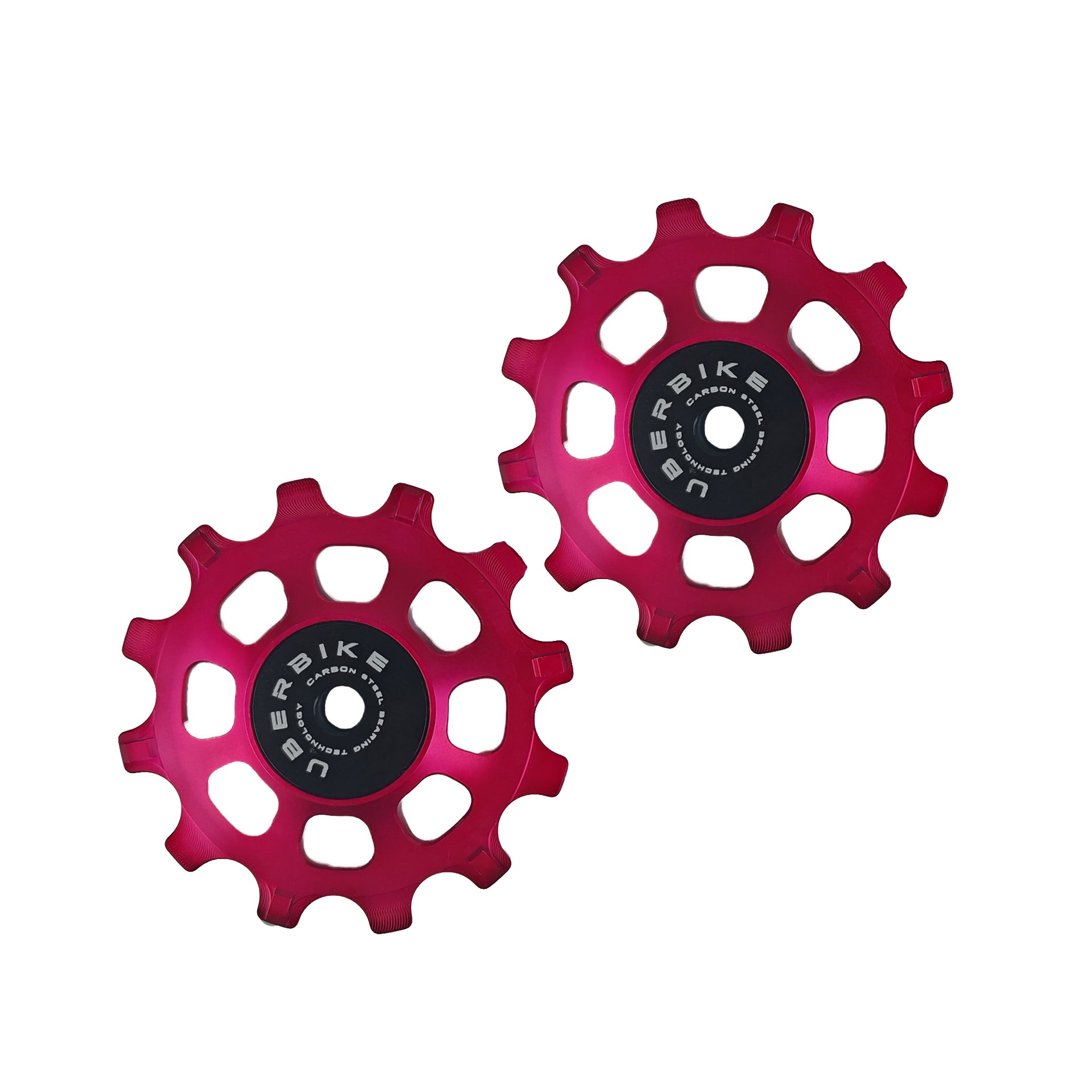 two red steel 12 tooth jockey wheels on a white background