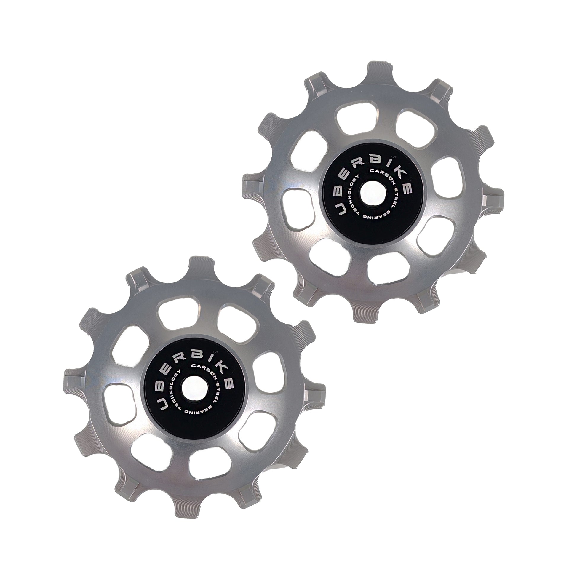 two silver steel 12 tooth jockey wheels on a white background