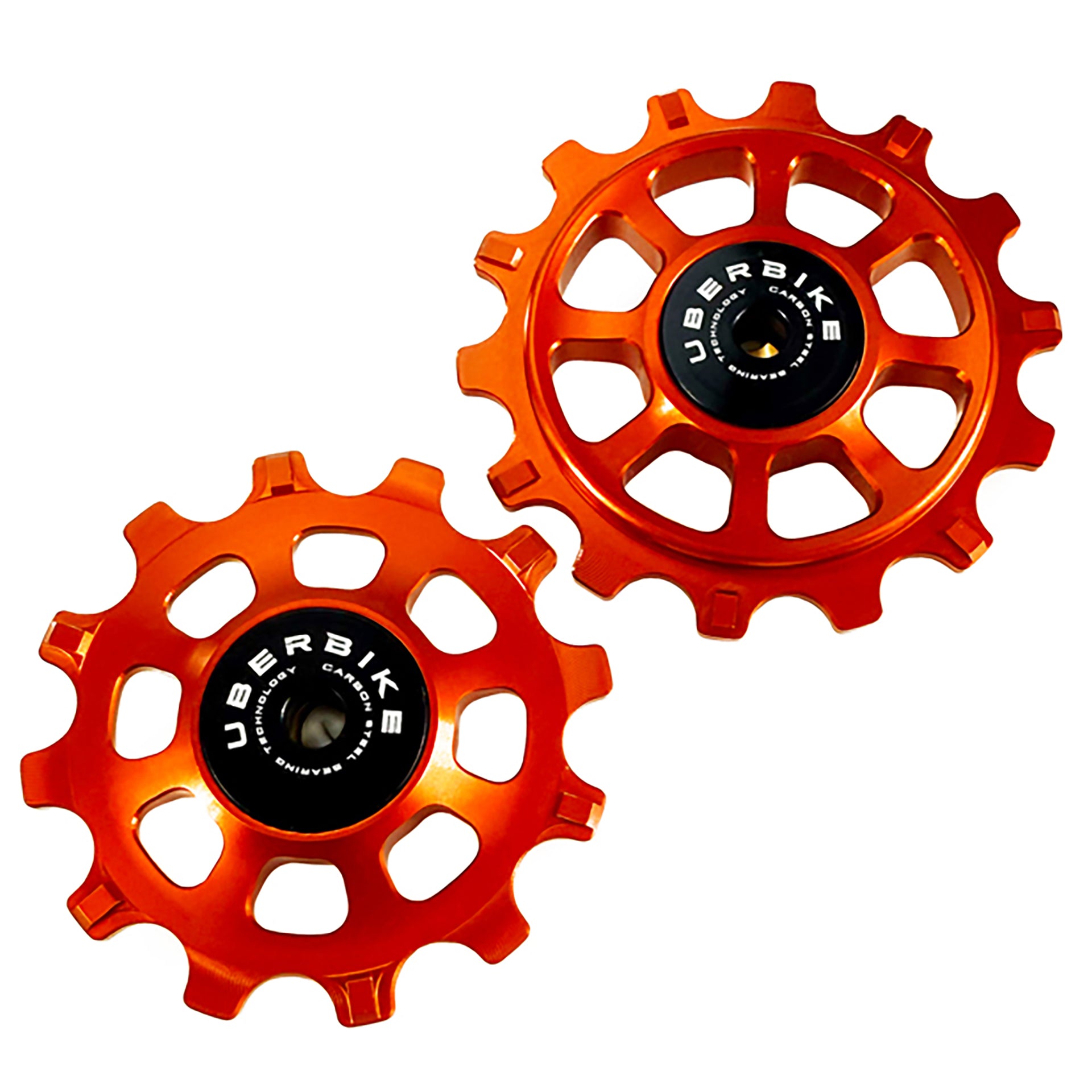 one 12 tooth orange steel jockey wheel and one 14 tooth orange jockey wheels on a white background