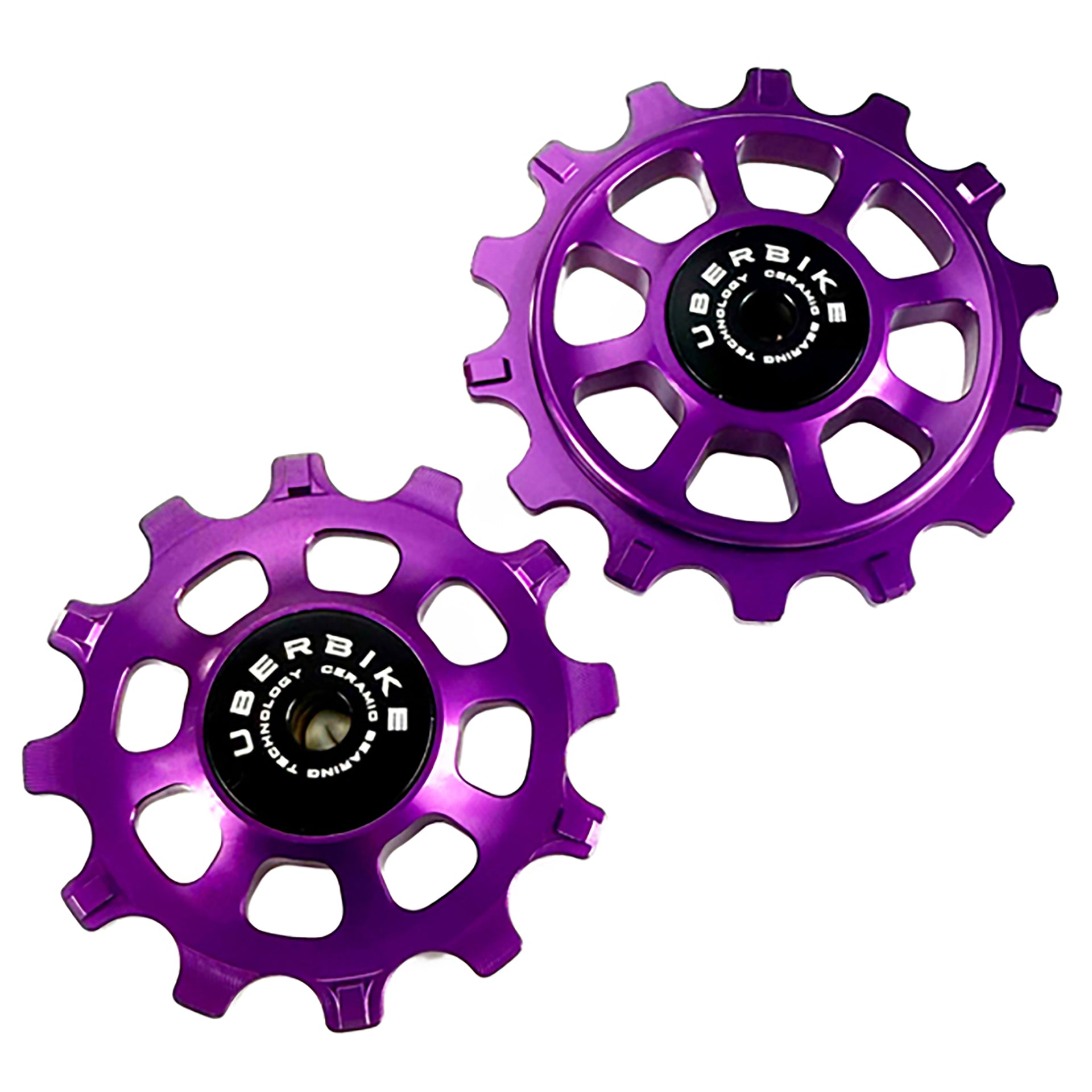 one 12 tooth purple jockey wheel and one 14 tooth purple jockey wheel on a white background