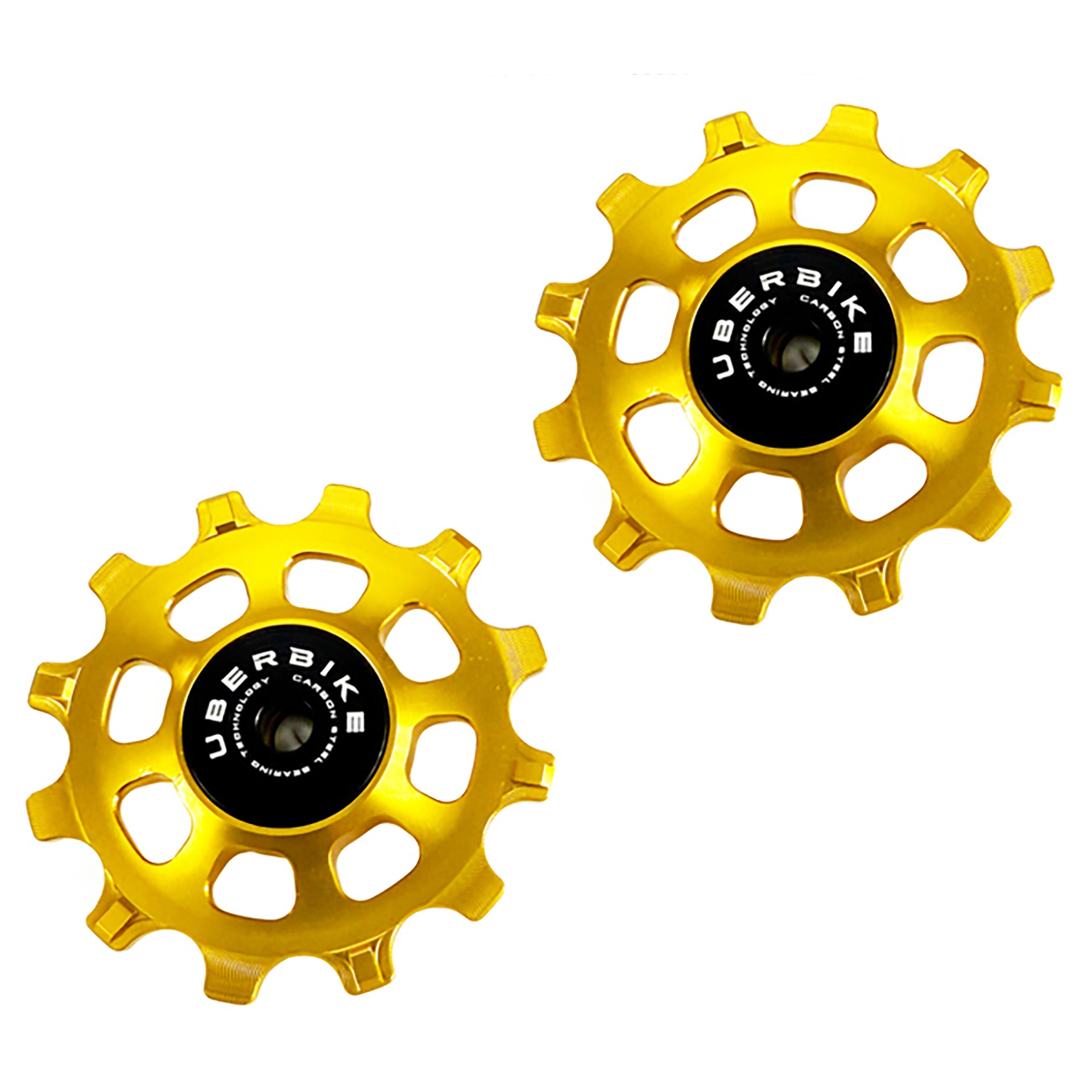 12 tooth steel gold jockey wheels on a white background