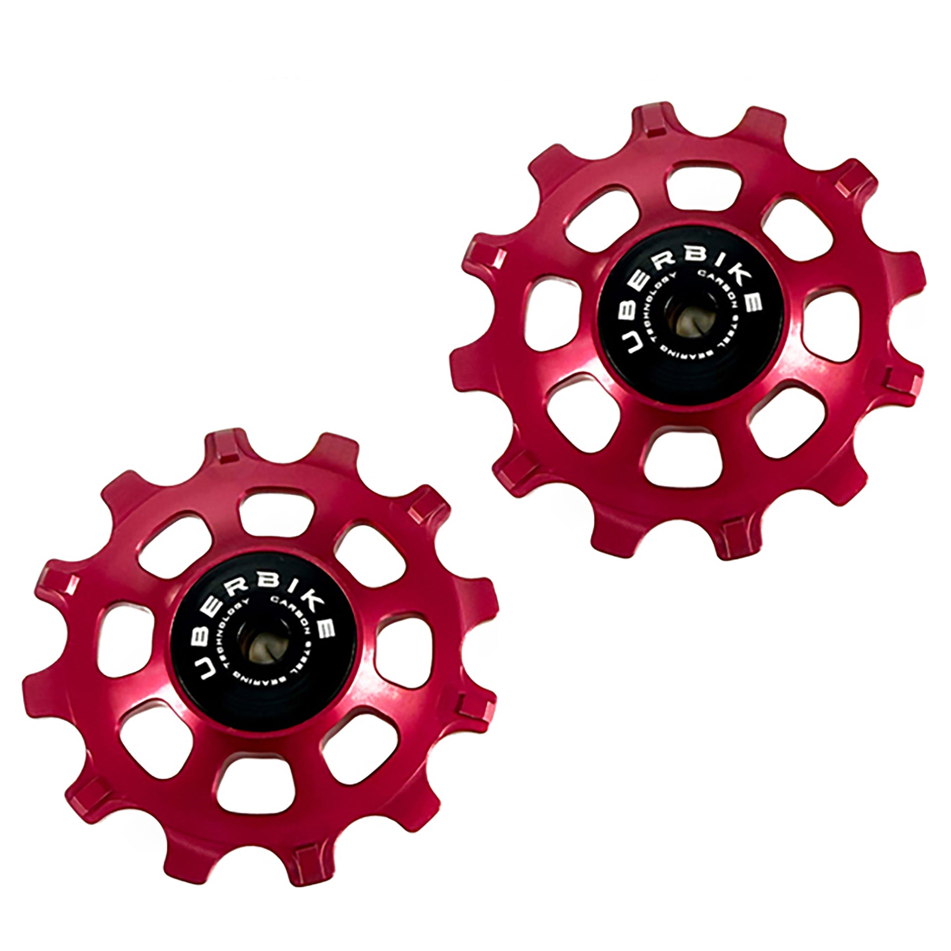 two red 12 tooth steel jockey wheels on a white background