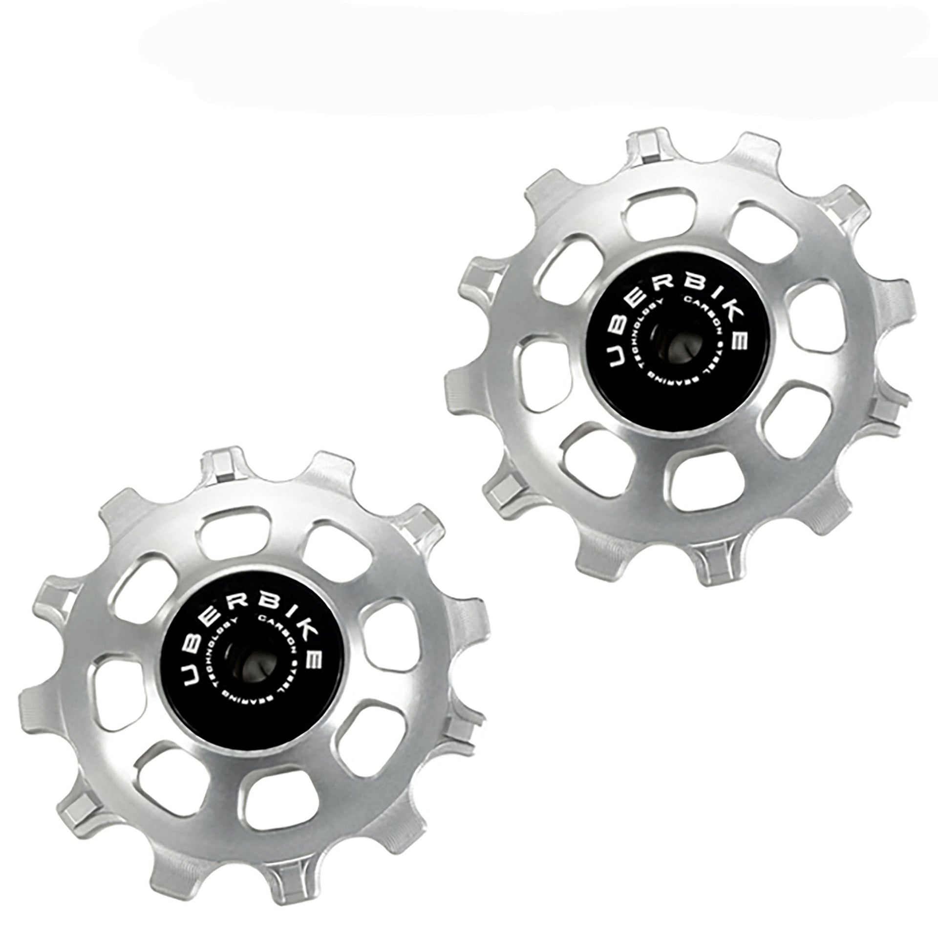 2 12 tooth silver jockey wheels in steel on a white background