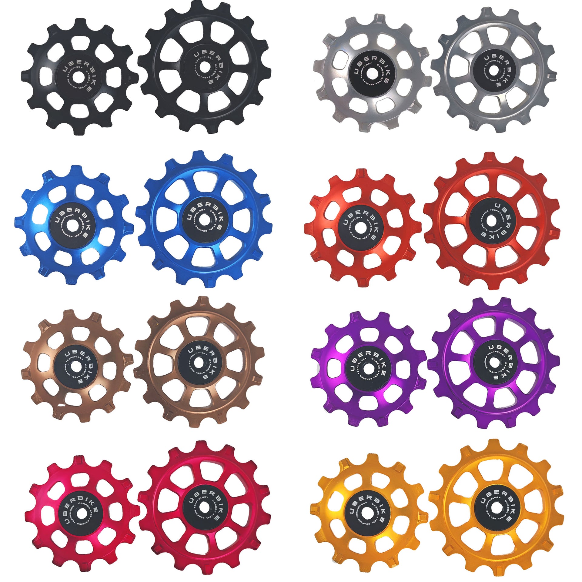 8 different coloured eagle (12T / 14T)  jockey wheels with steel bearings with Uberbike branding on a white background