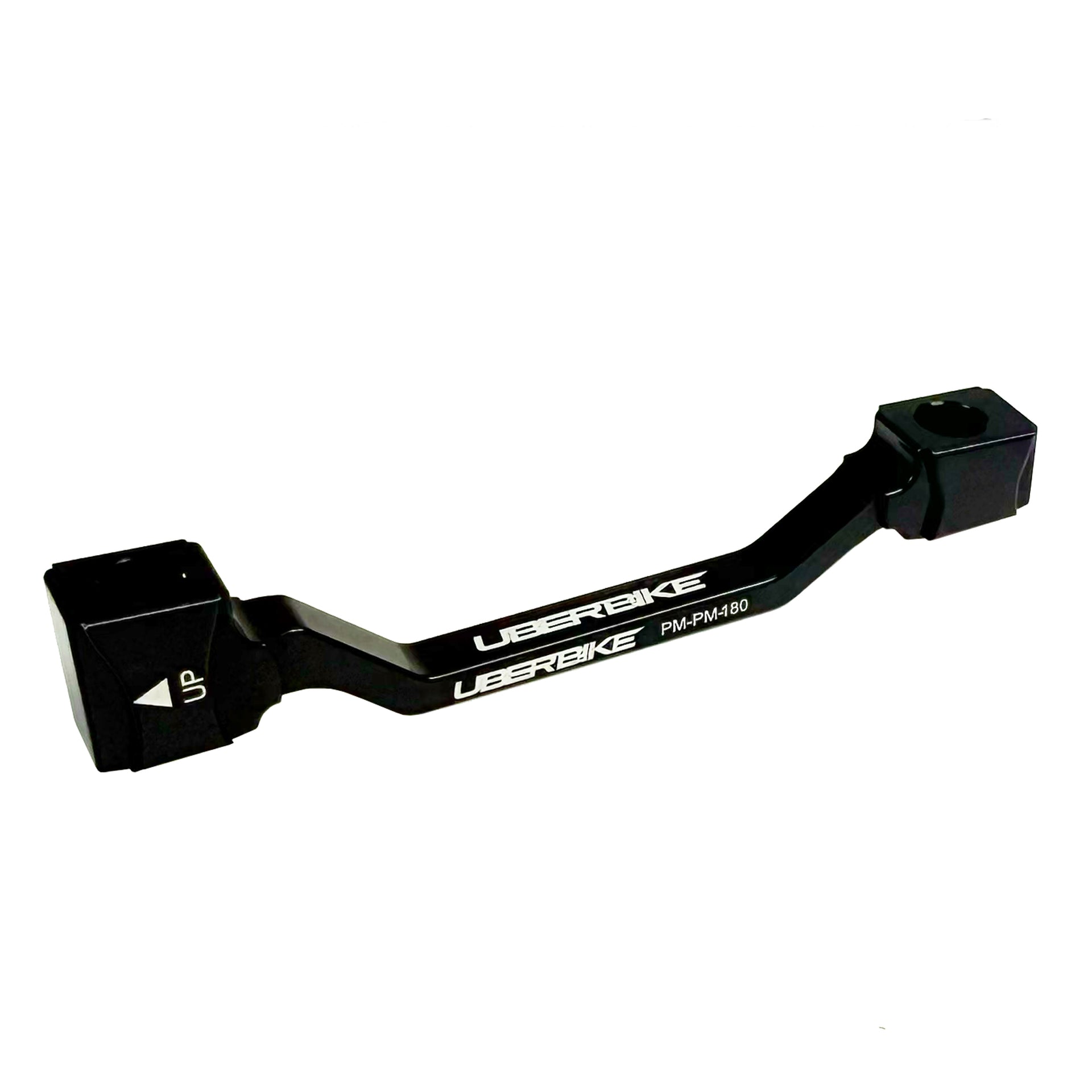 a black post mount to post mount disc brake adapter for 160mm-180mm disc brake rotor on a white background