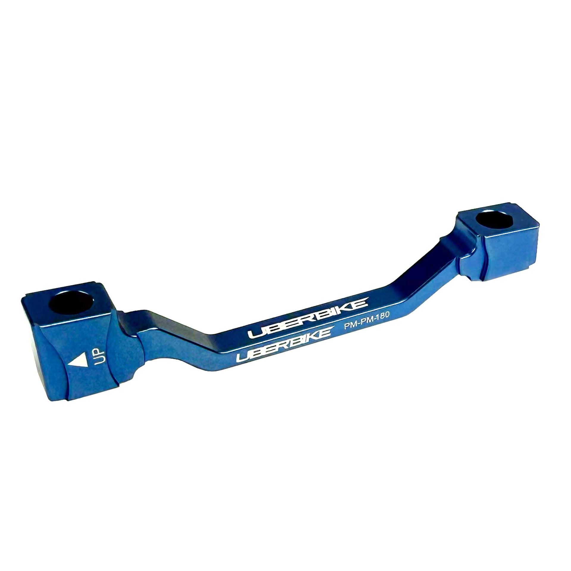 a blue post mount to post mount disc brake adapter for 160mm-180mm disc brake rotor on a white background