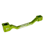 a green post mount to post mount disc brake adapter for 160mm-180mm disc brake rotor on a white background