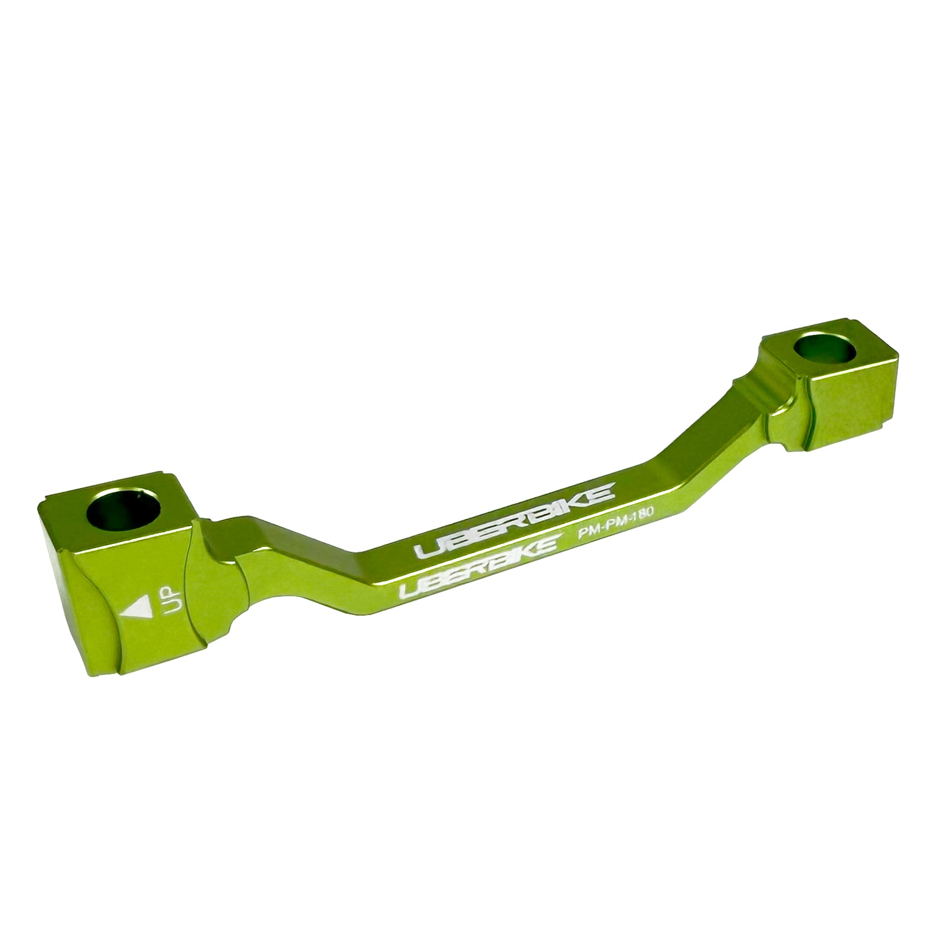 a green post mount to post mount disc brake adapter for 160mm-180mm disc brake rotor on a white background