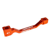 an orange post mount to post mount disc brake adapter for 160mm-180mm disc brake rotor on a white background