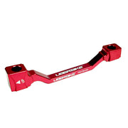 a red post mount to post mount disc brake adapter for 160mm-180mm disc brake rotor on a white background