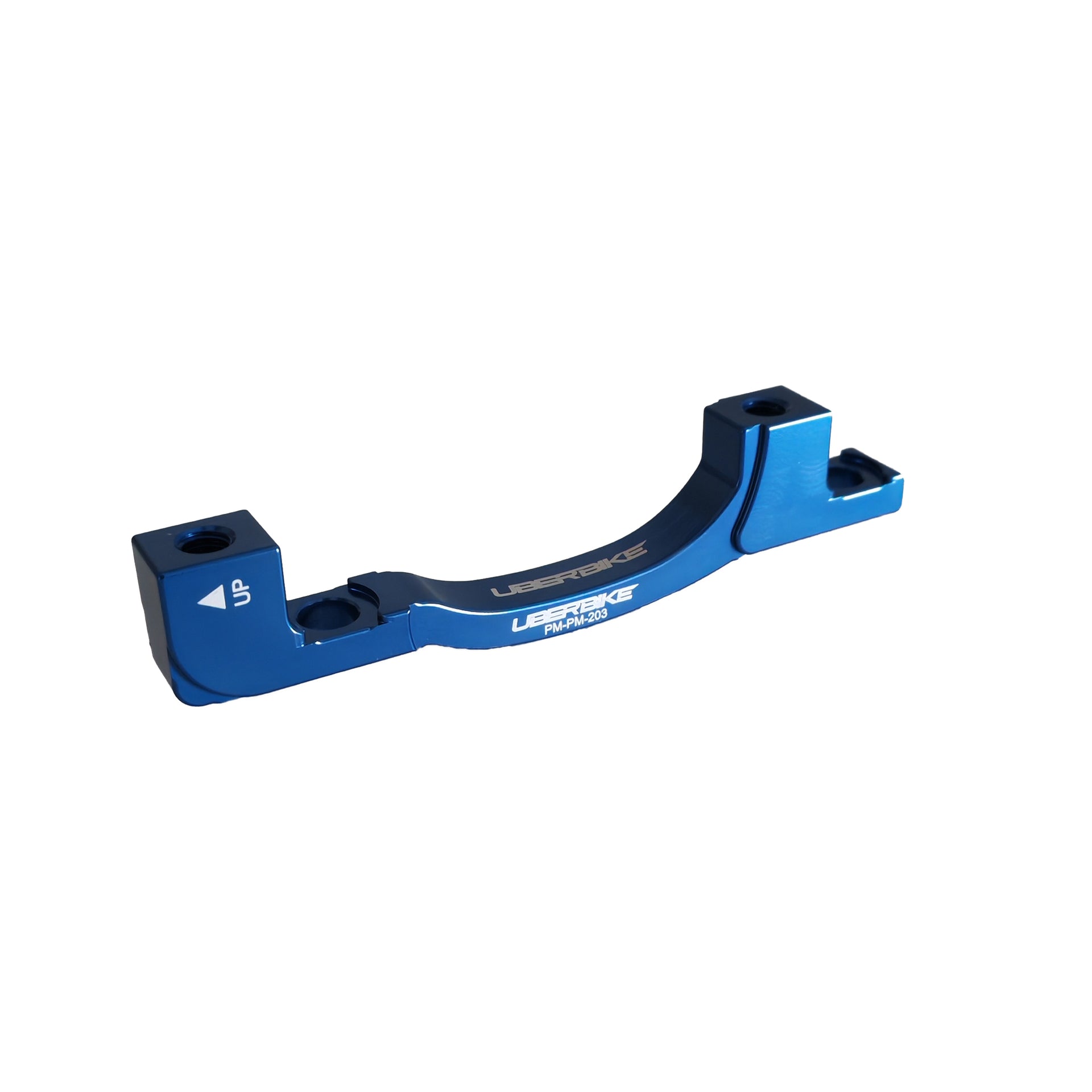 a blue post mount to post mount disc brake adapter for 160mm-203mm disc brake rotor on a white background