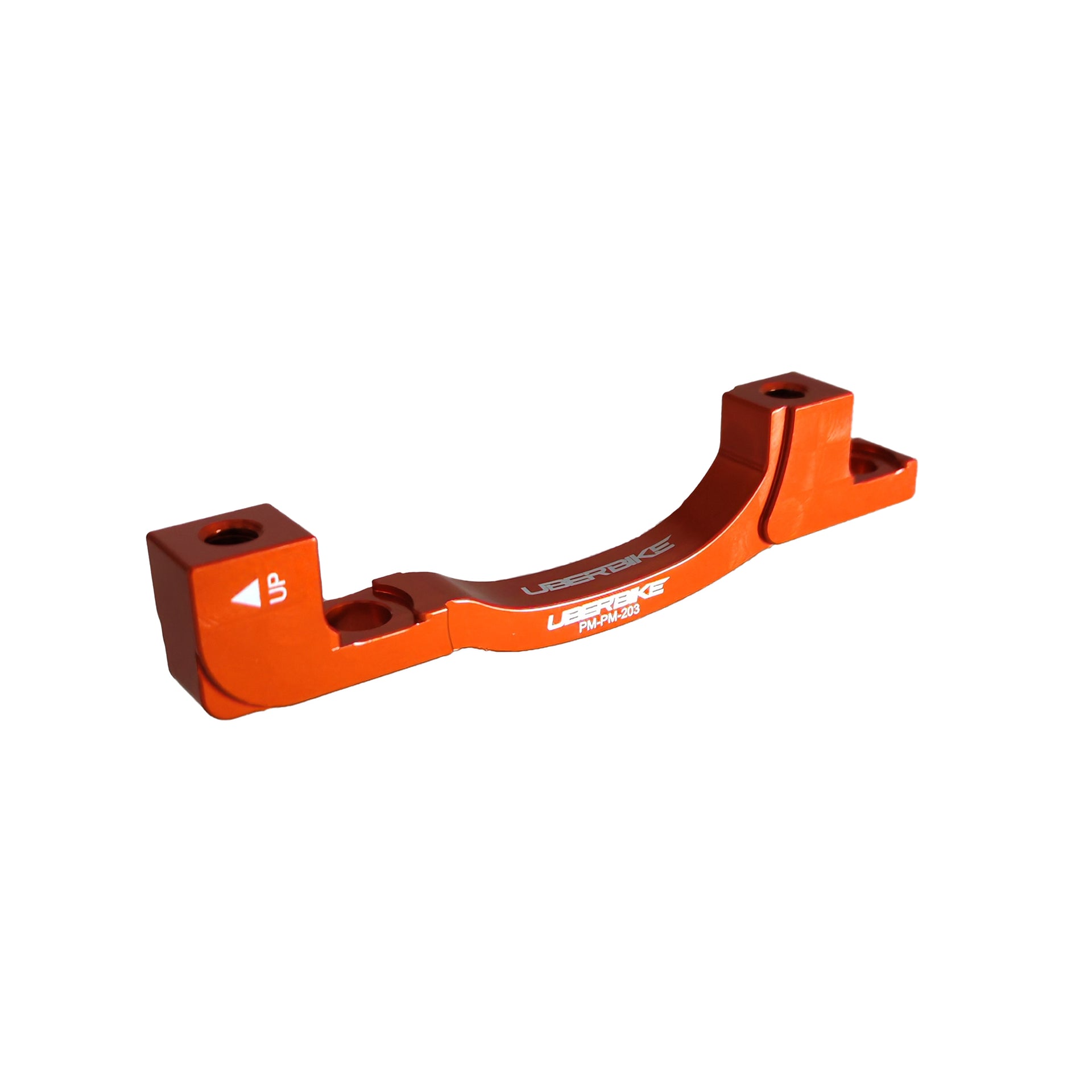 an orange post mount to post mount disc brake adapter for 160mm-203mm disc brake rotor on a white background
