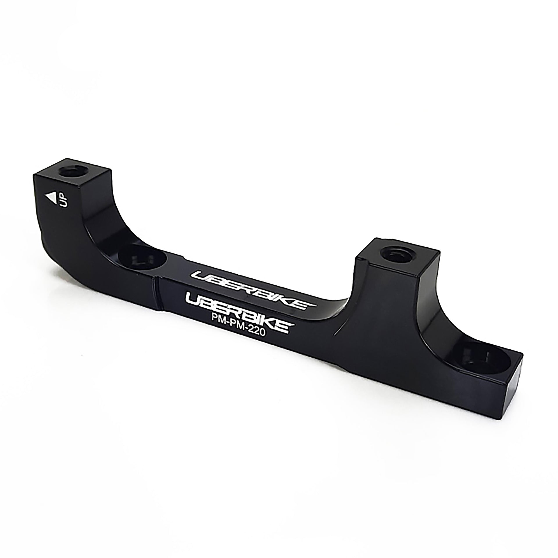 a black post mount to post mount disc brake adapter for 160mm-220mm disc brake rotor on a white background