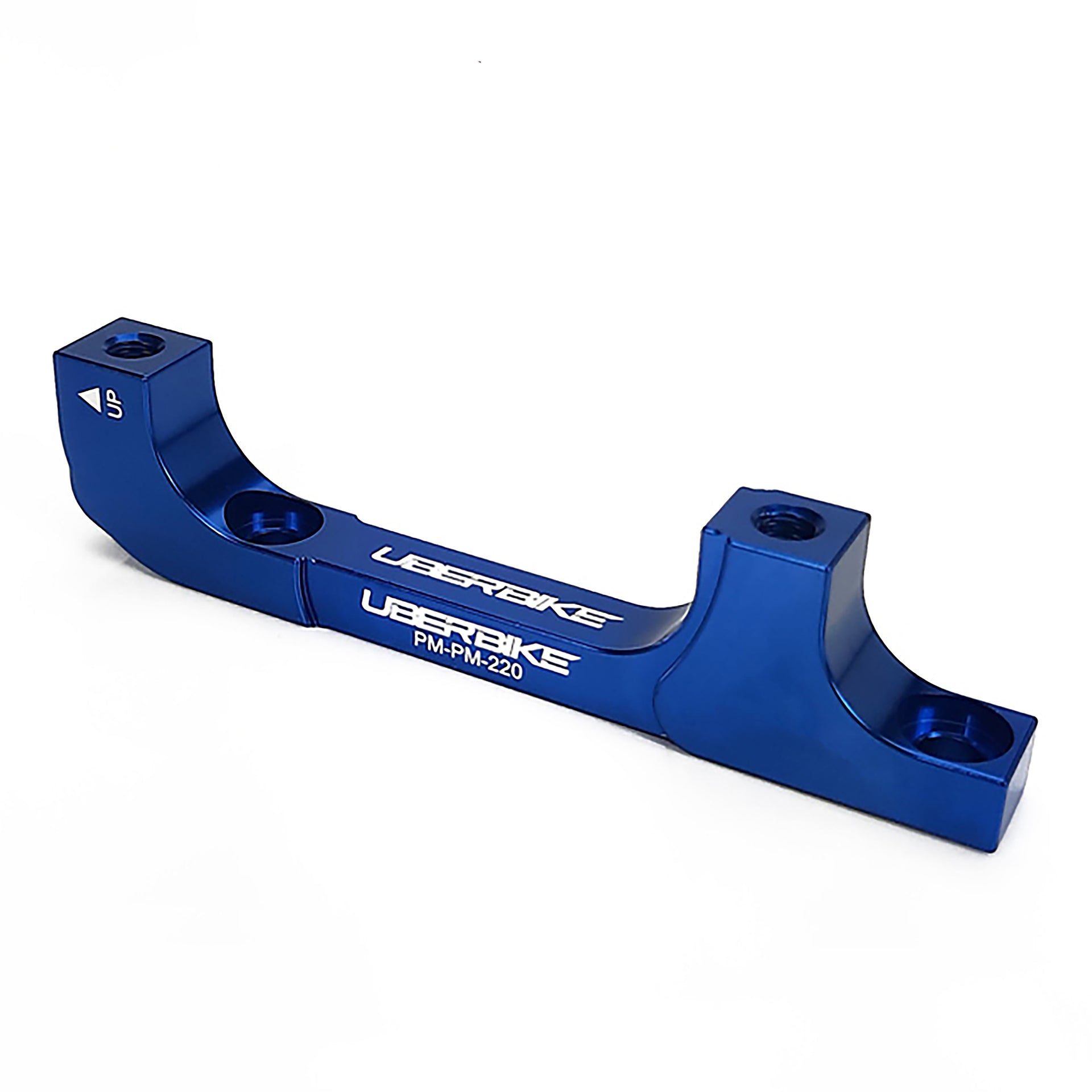 a blue post mount to post mount disc brake adapter for 160mm-220mm disc brake rotor on a white background