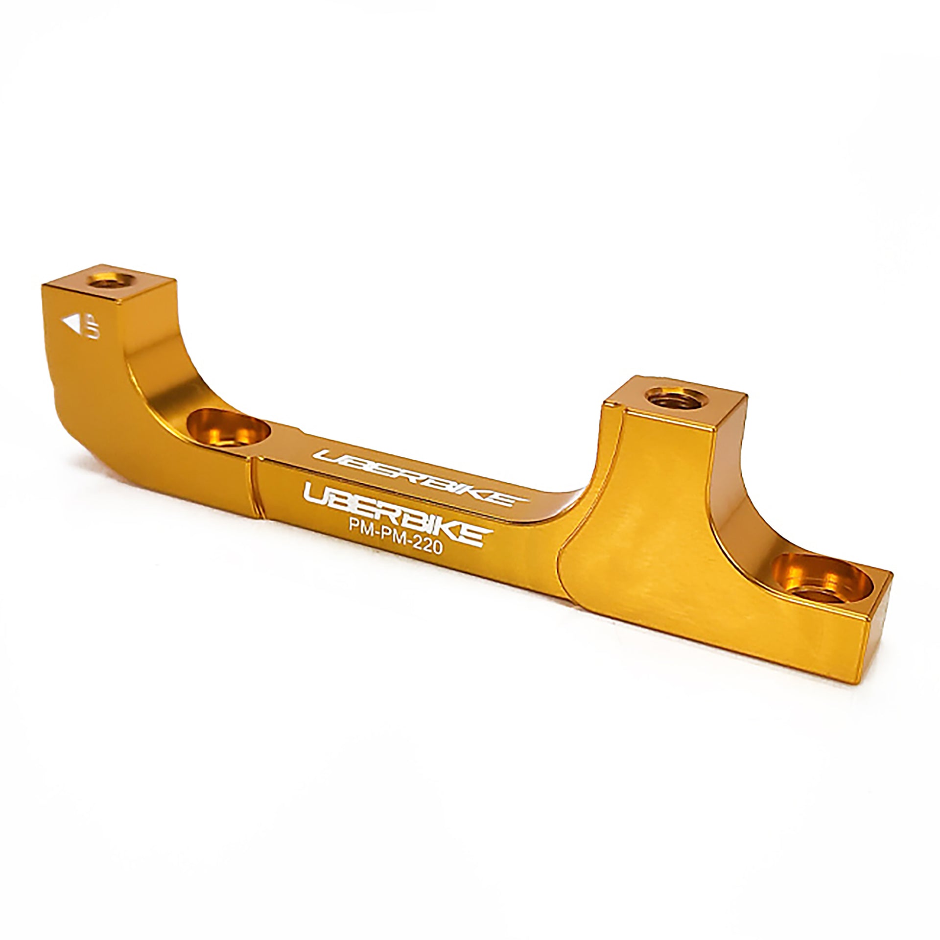 a gold post mount to post mount disc brake adapter for 160mm-220mm disc brake rotor on a white background