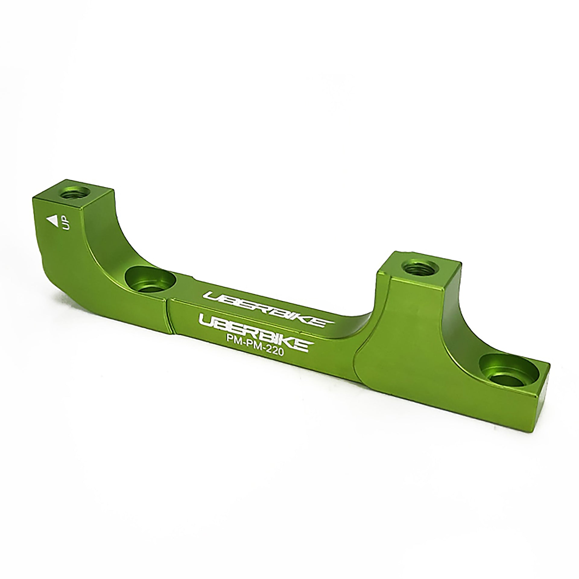 a green post mount to post mount disc brake adapter for 160mm-220mm disc brake rotor on a white background