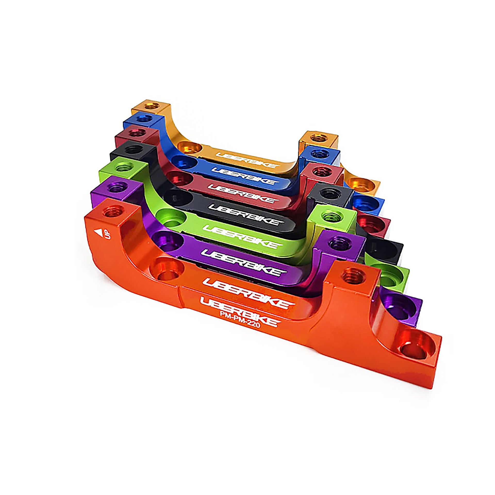 7 various coloured 160mm-220mm post mount adapters on a white background