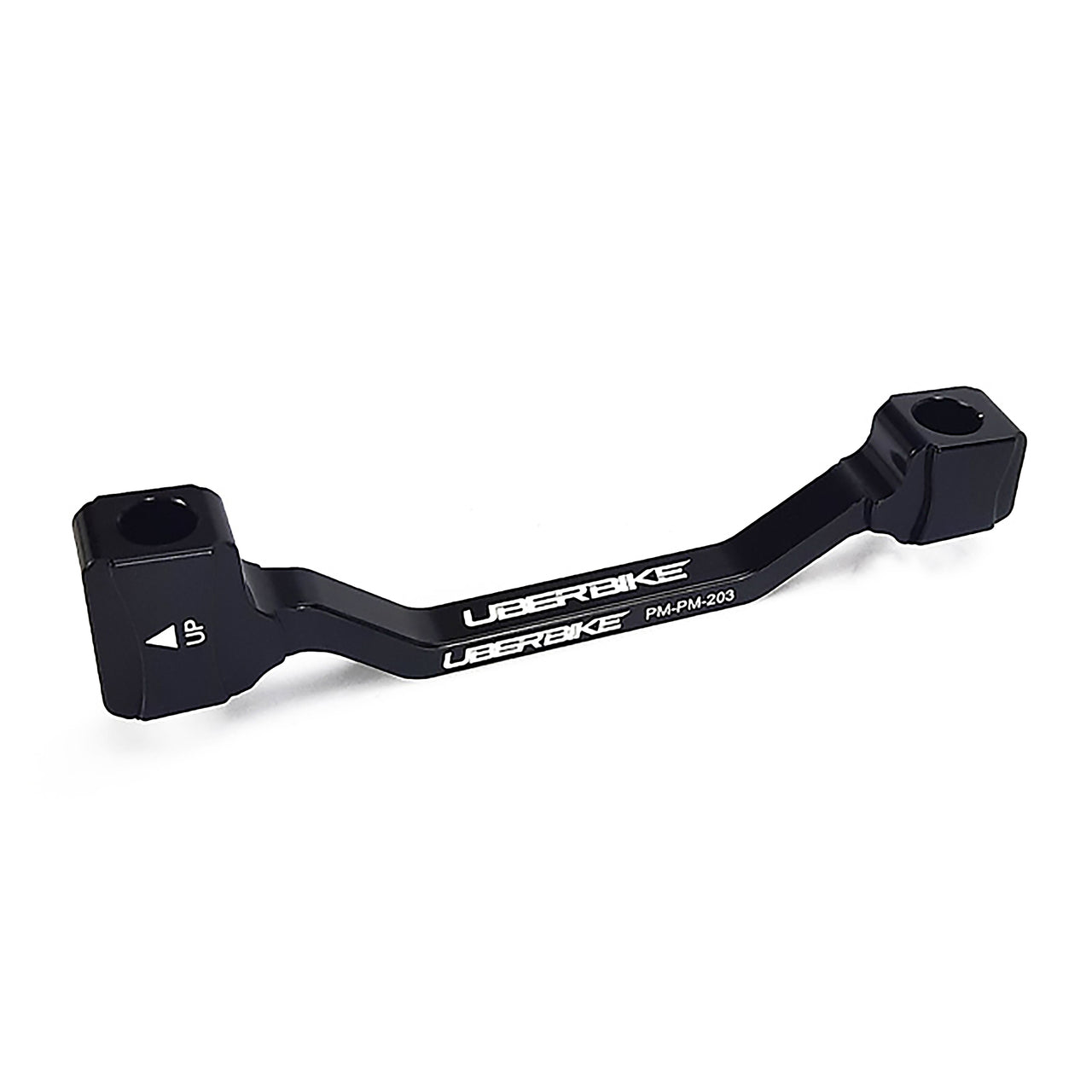 a black post mount to post mount disc brake adapter for 180mm-203mm disc brake rotor on a white background