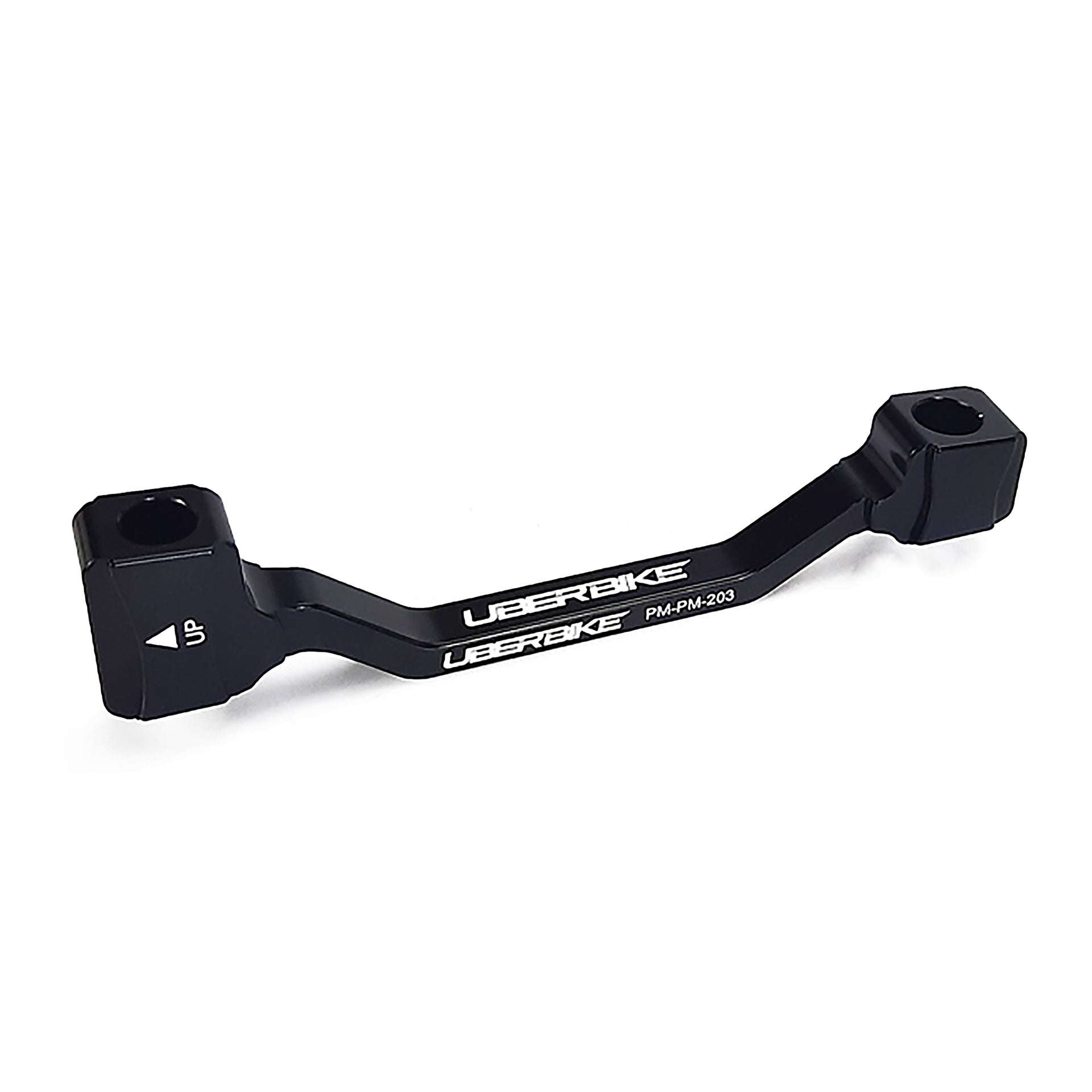 a black post mount to post mount disc brake adapter for 180mm-203mm disc brake rotor on a white background