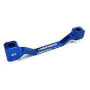 a blue post mount to post mount disc brake adapter for 180mm-203mm disc brake rotor on a white background