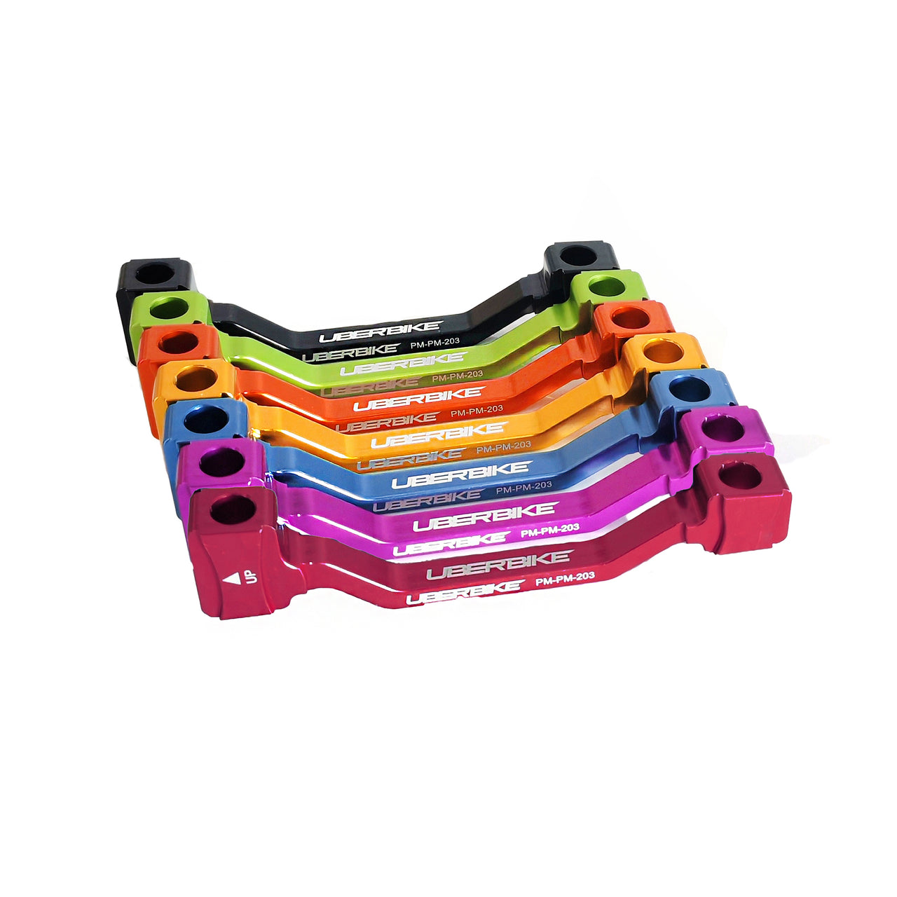 7 various coloured 180mm-203mm post mount adapters on a white background