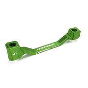 a green post mount to post mount disc brake adapter for 180mm-203mm disc brake rotor on a white background