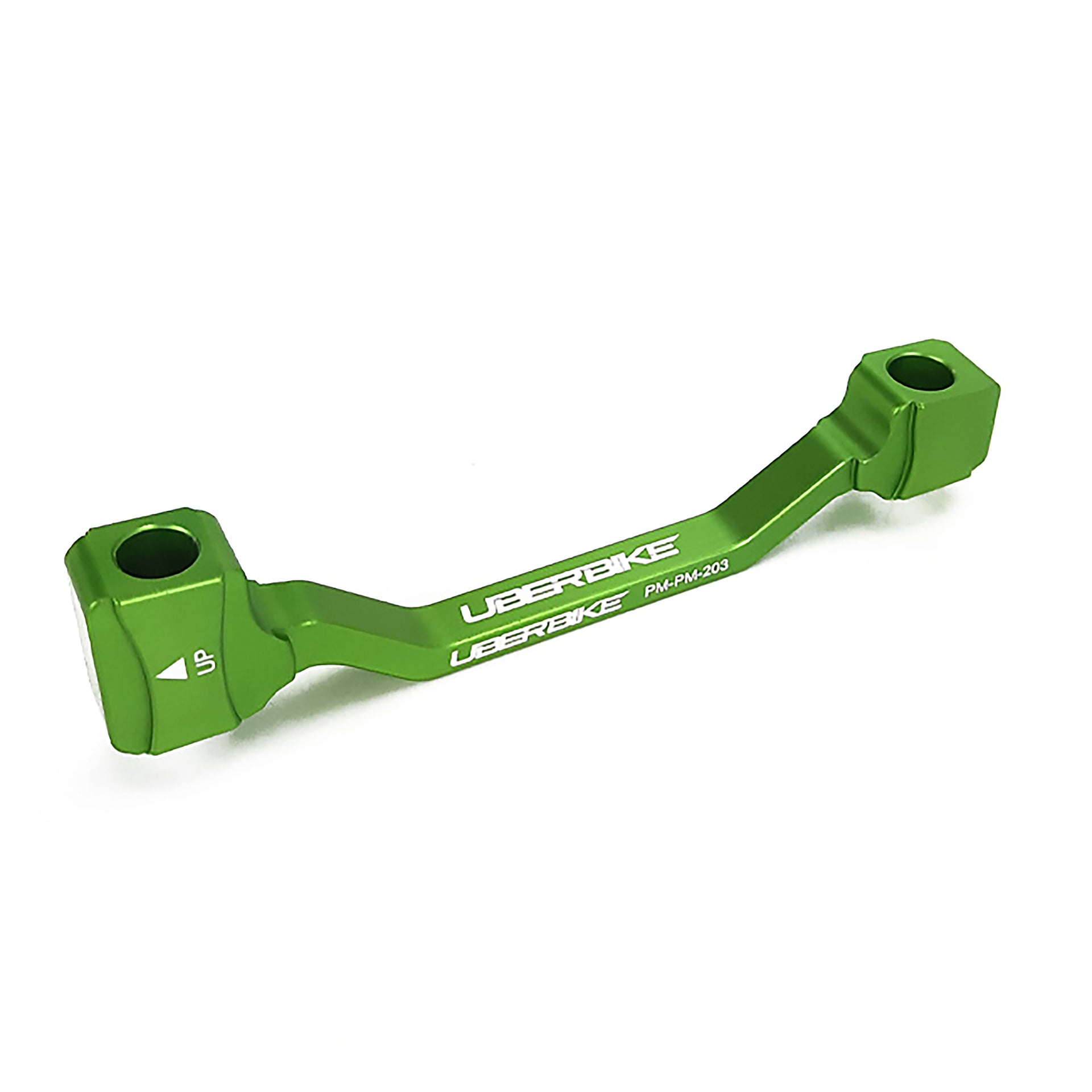 a green post mount to post mount disc brake adapter for 180mm-203mm disc brake rotor on a white background