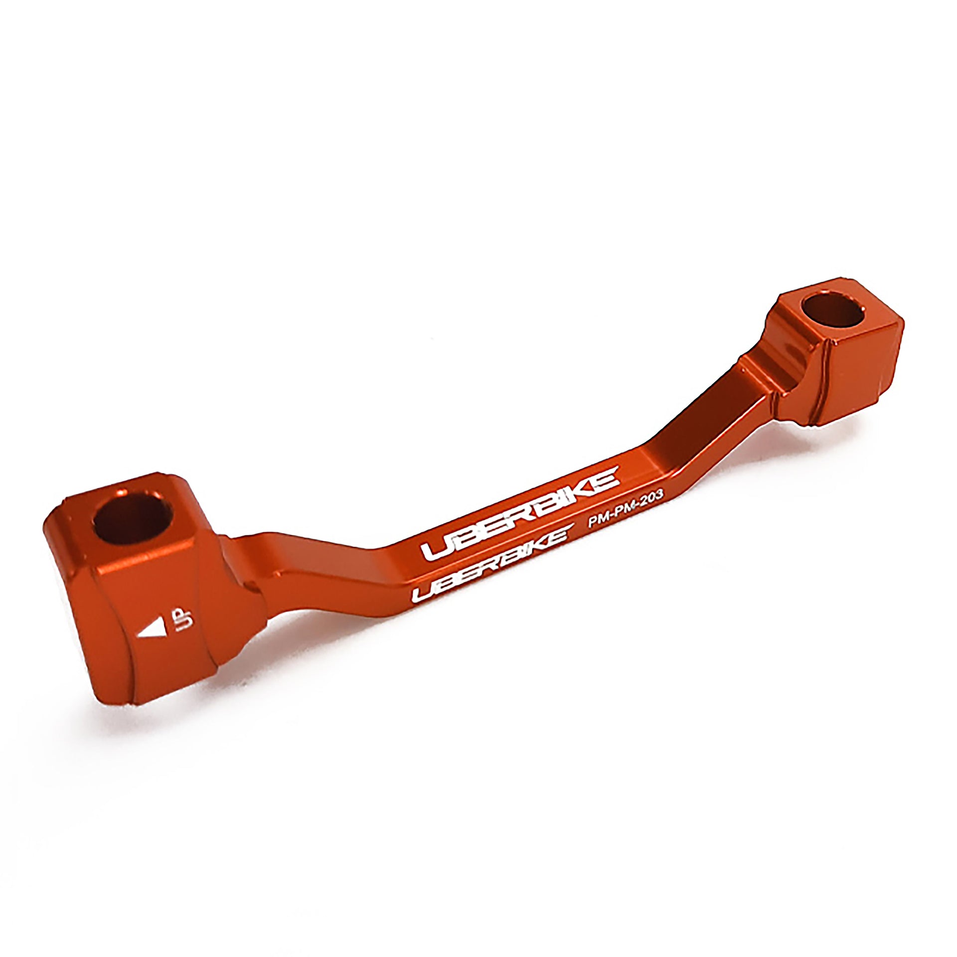an orange post mount to post mount disc brake adapter for 180mm-203mm disc brake rotor on a white background