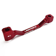 a red post mount to post mount disc brake adapter for 180mm-203mm disc brake rotor on a white background