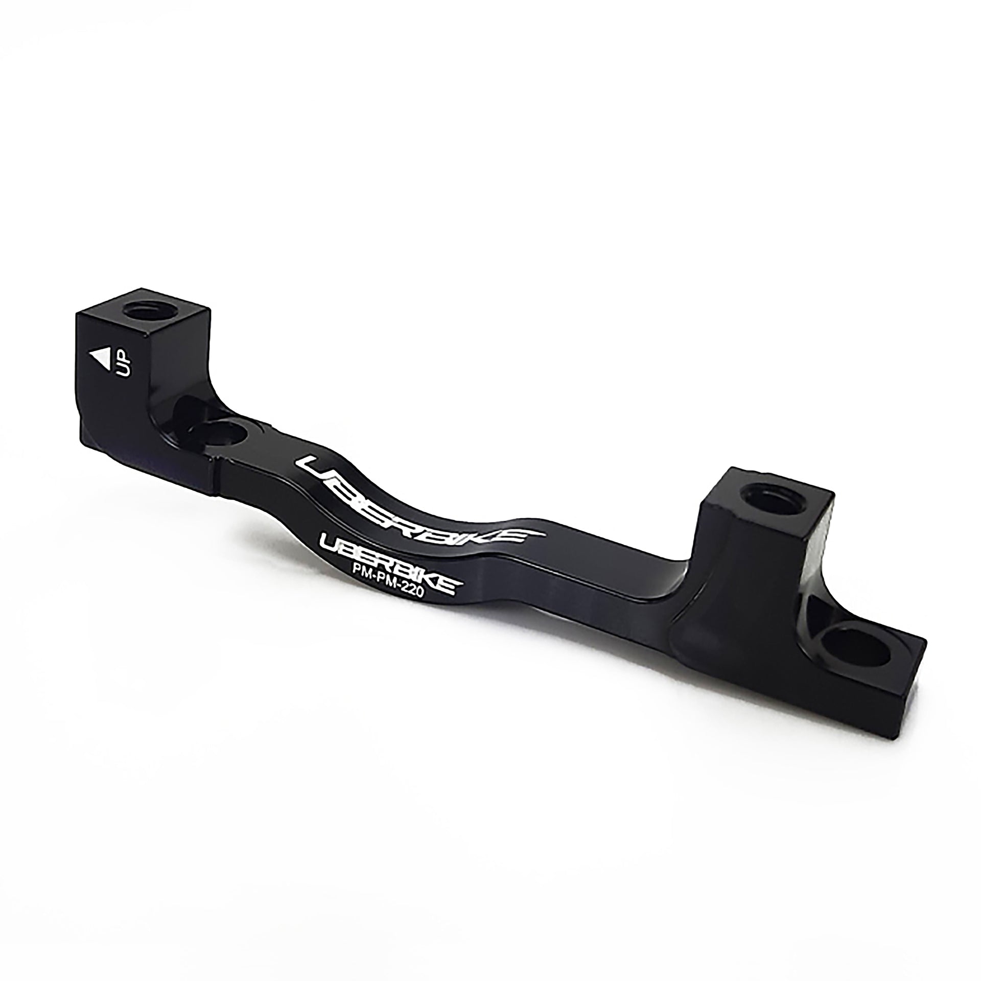 a black post mount to post mount disc brake adapter for 180mm-220mm disc brake rotor on a white background