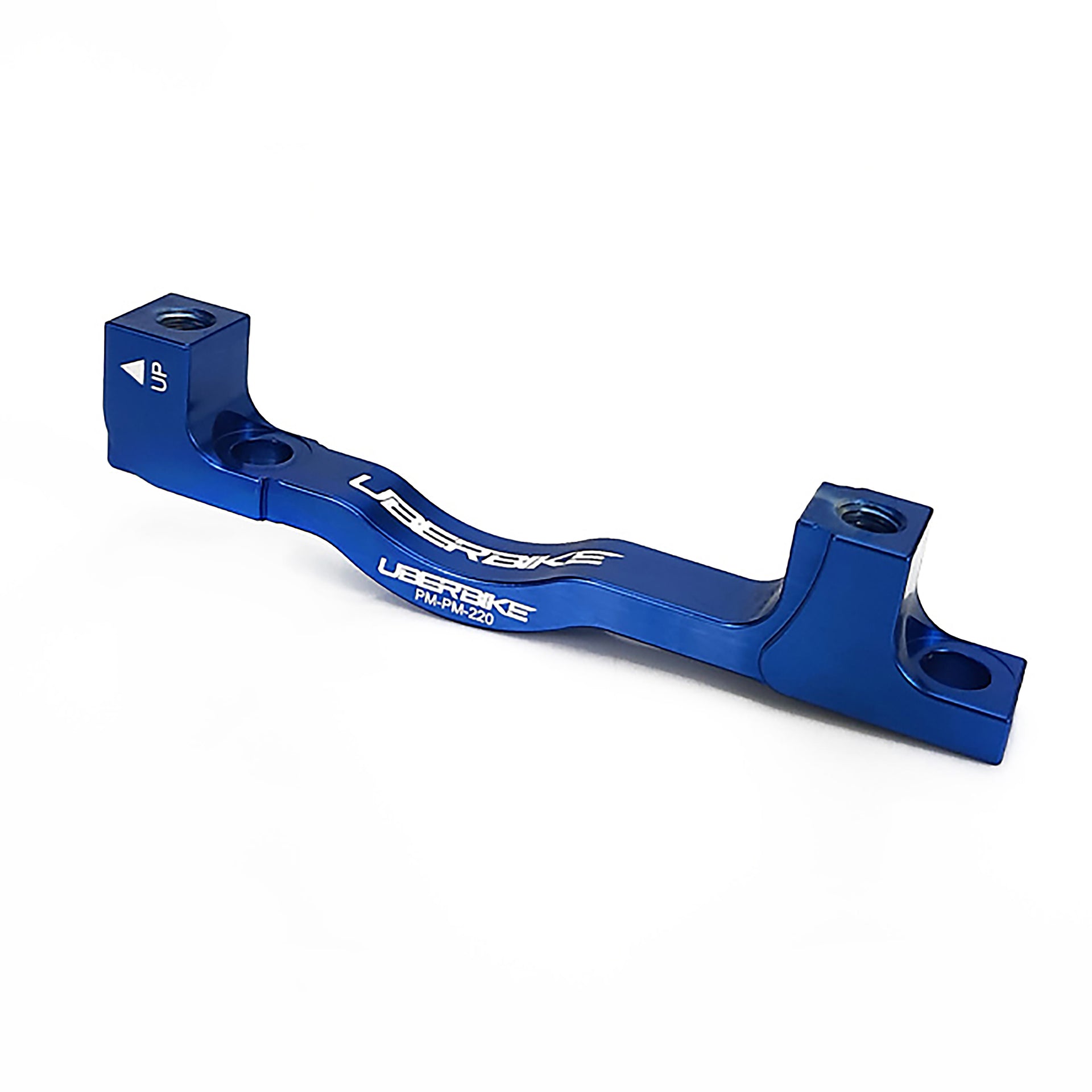 a blue post mount to post mount disc brake adapter for 180mm-220mm disc brake rotor on a white background