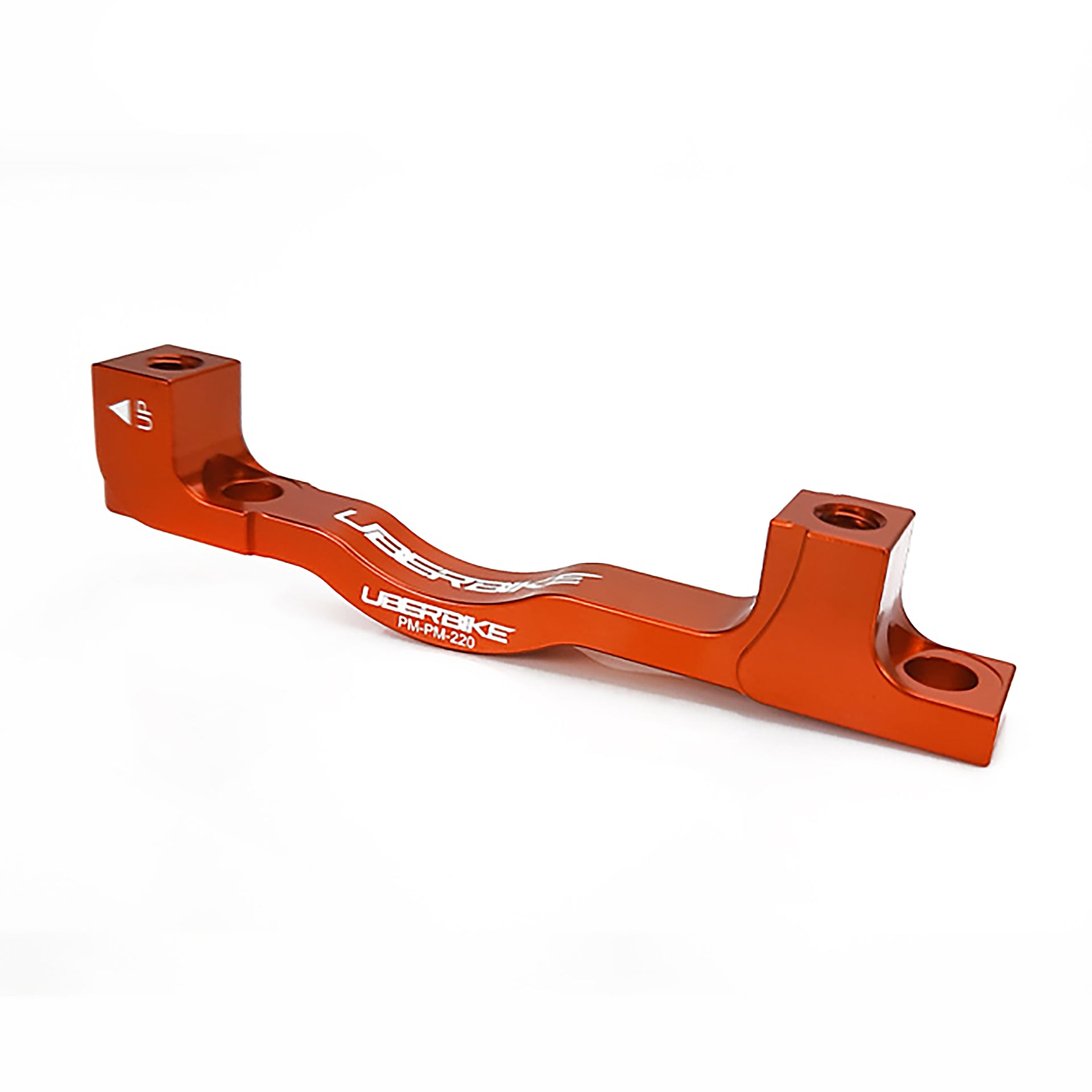 an orange post mount to post mount disc brake adapter for 180mm-220mm disc brake rotor on a white background