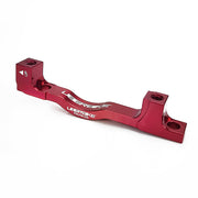 a red post mount to post mount disc brake adapter for 180mm-220mm disc brake rotor on a white background