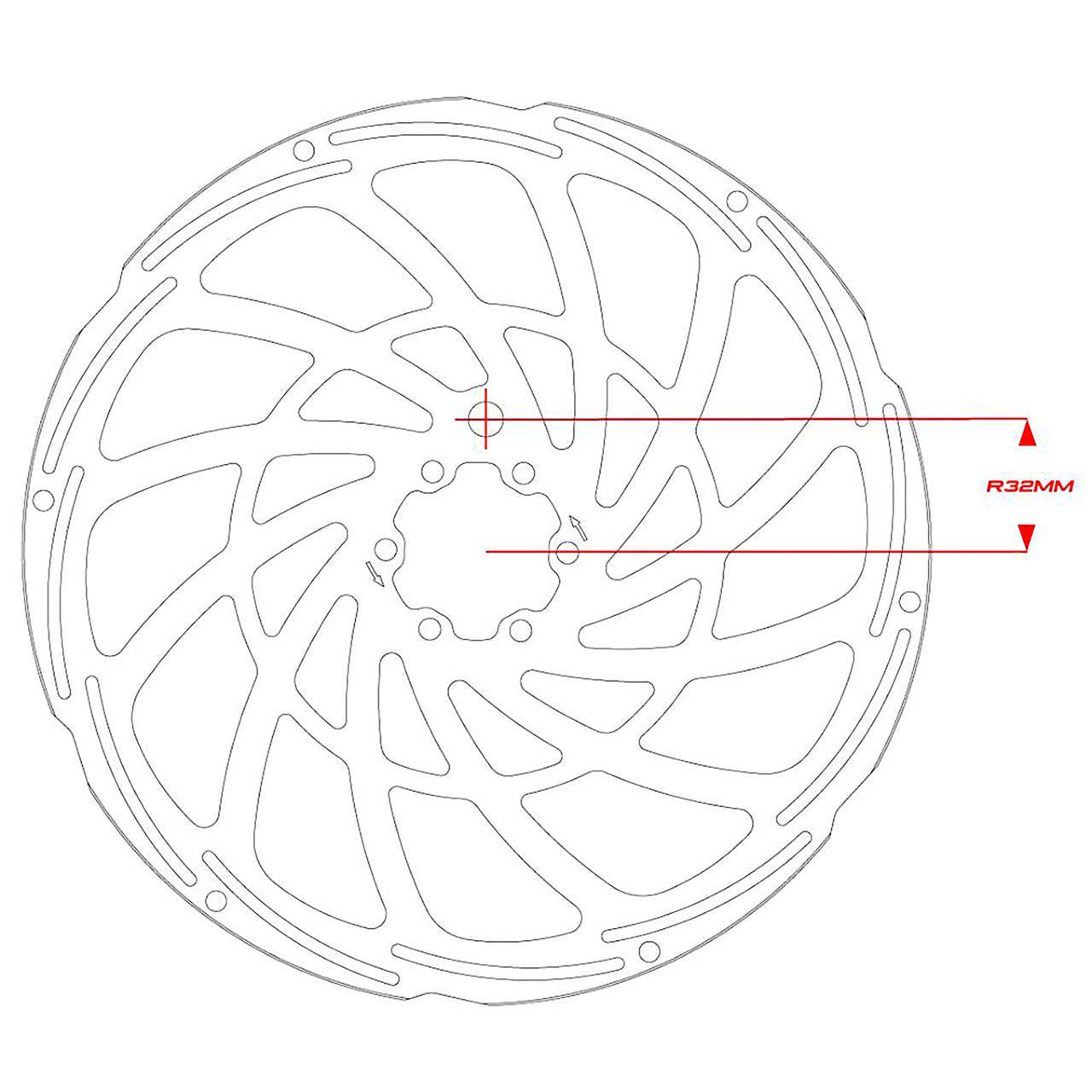Technical drawing of a disc brake rotor with measurements on a white background