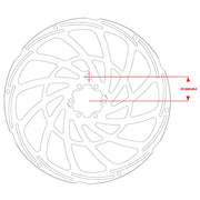 Technical drawing of a disc brake rotor with measurements on a white background